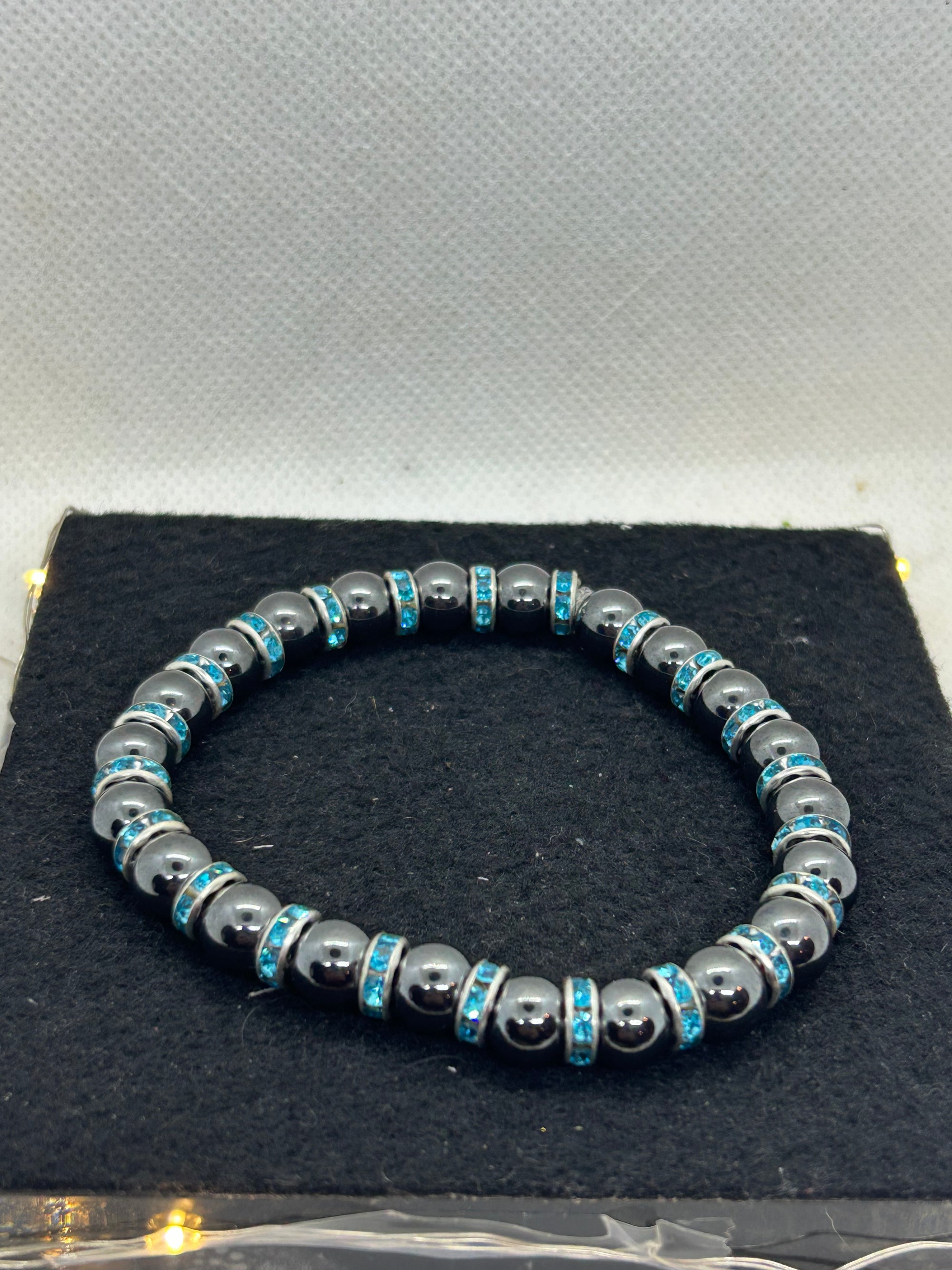 Black Hematite with Teal Rhinestone Beaded Bracelet