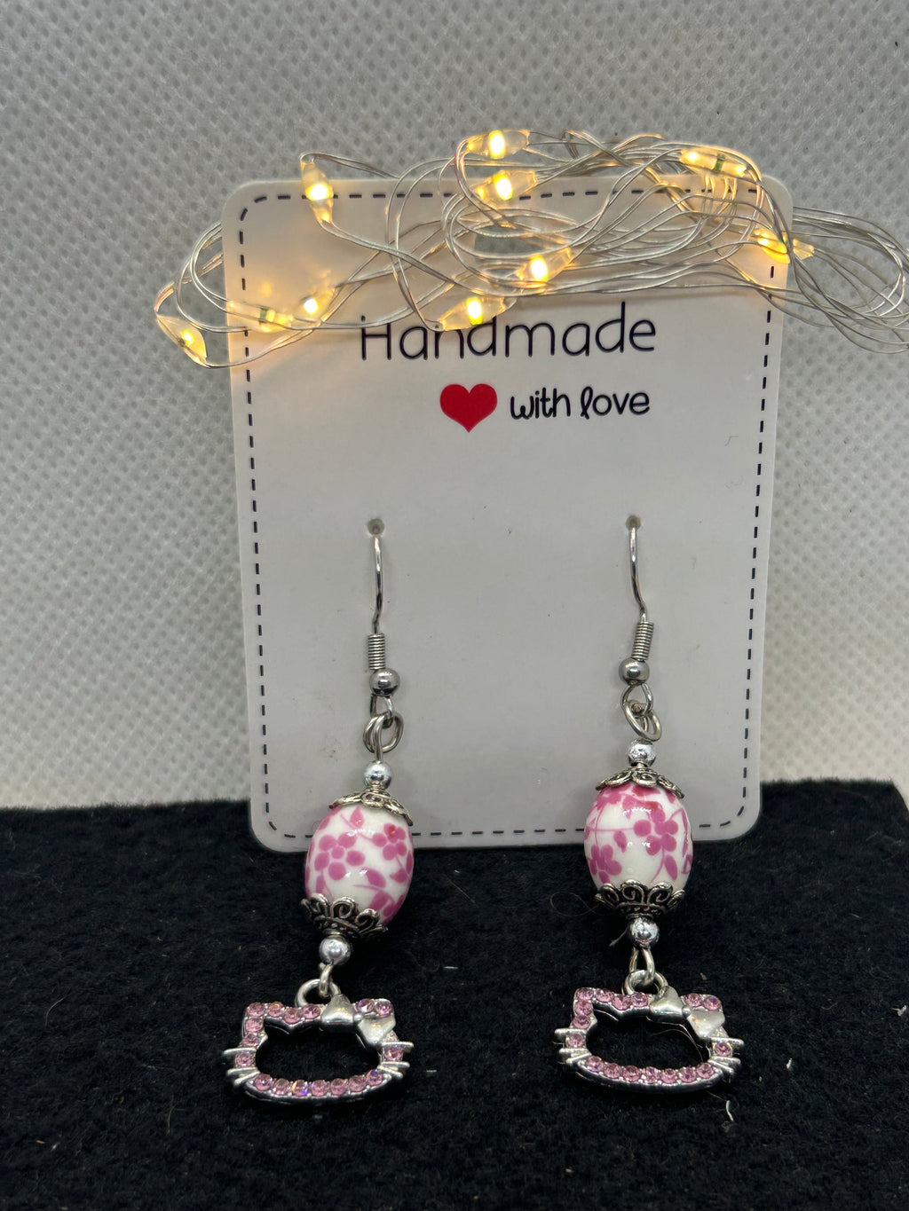 Pink Rhinestone Kitty with Floral Bead Earrings
