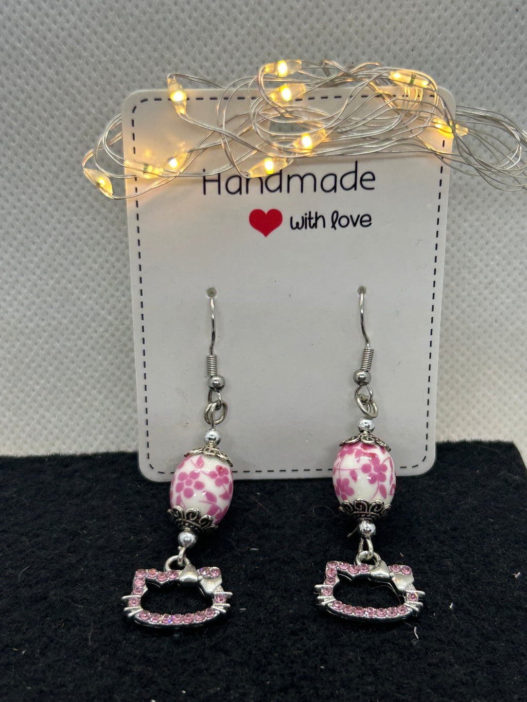 Pink Rhinestone Kitty with Floral Bead Earrings