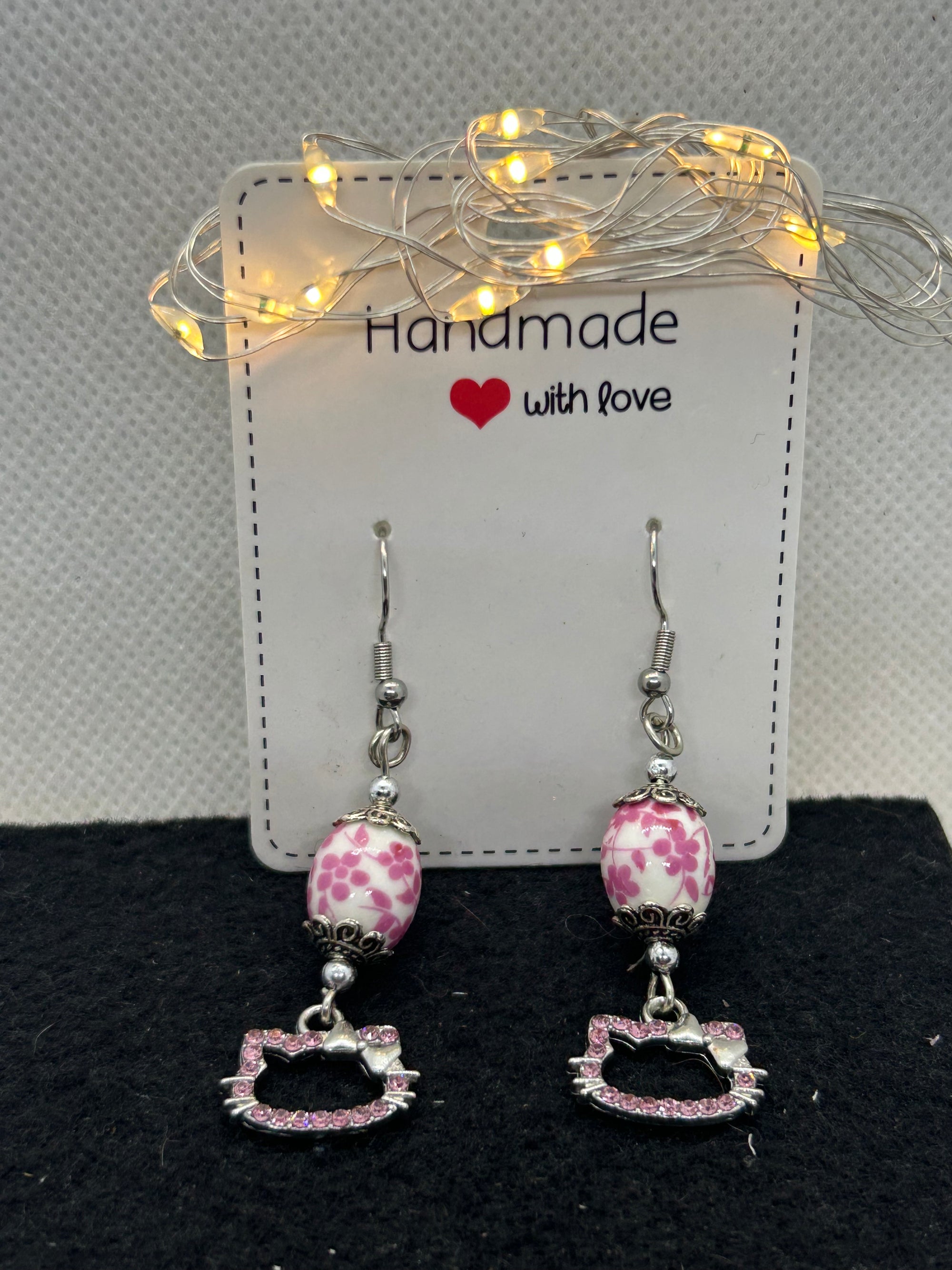 Pink Rhinestone Kitty with Floral Bead Earrings