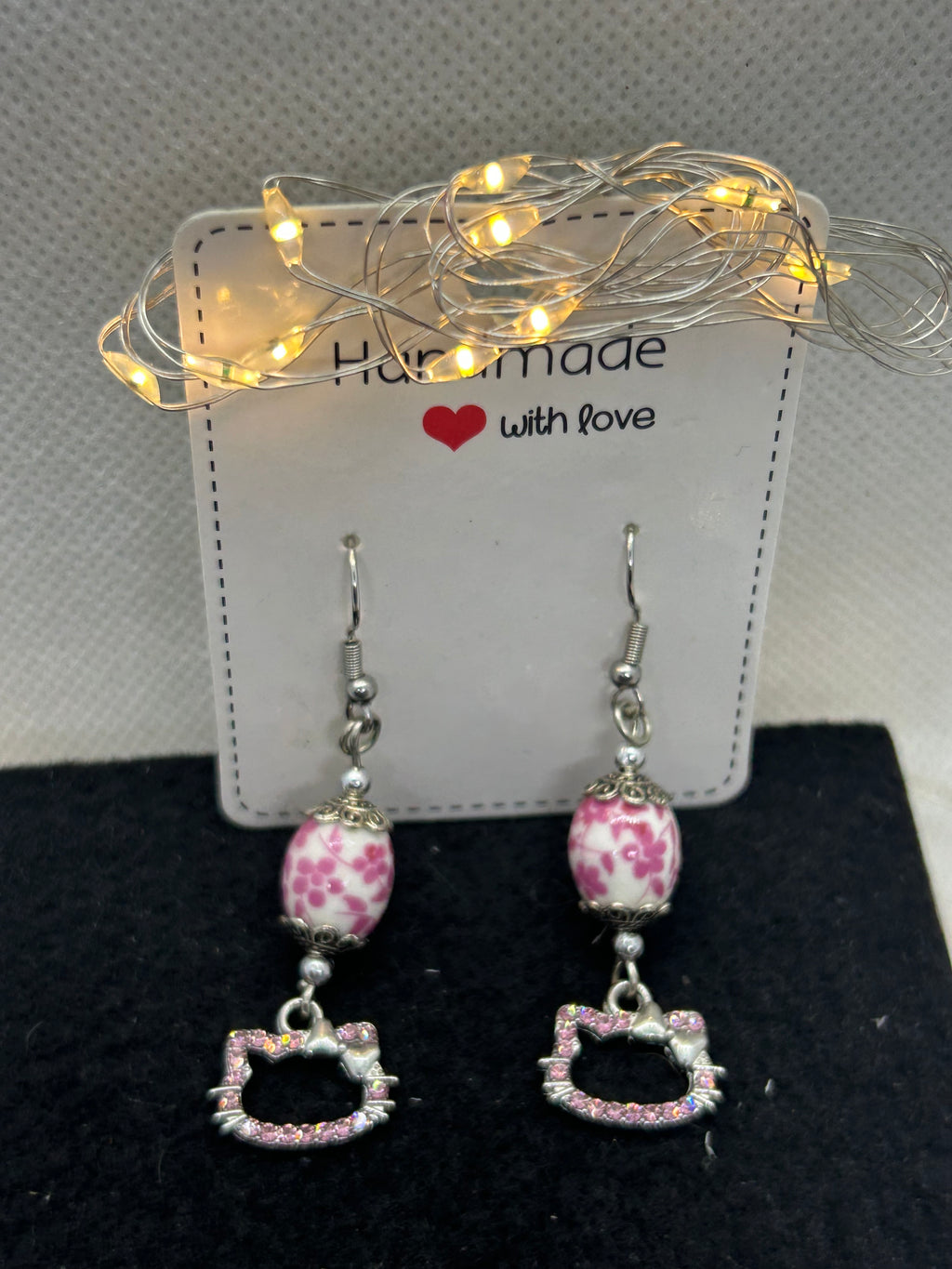 Pink Rhinestone Kitty with Floral Bead Earrings