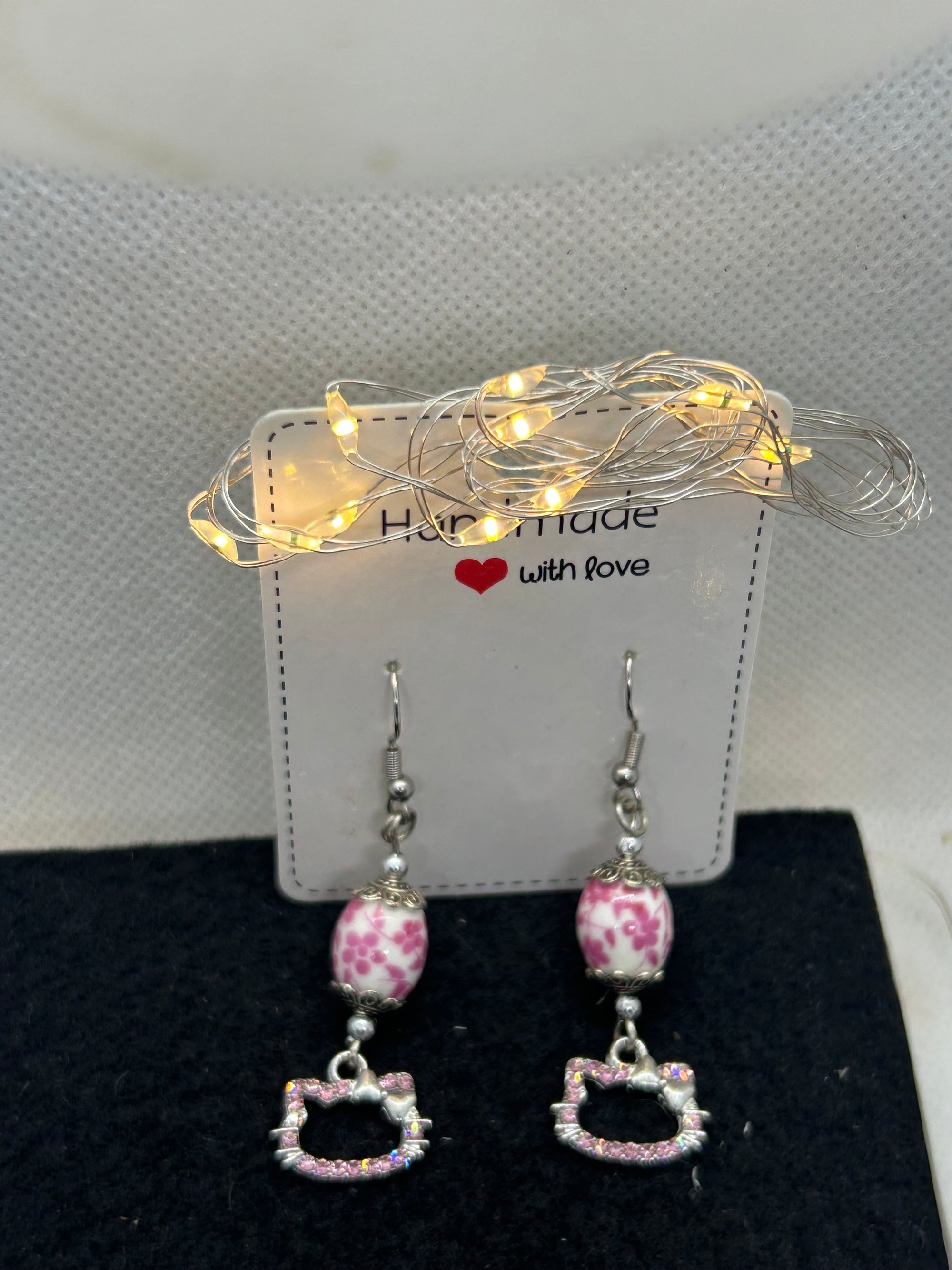 Pink Rhinestone Kitty with Floral Bead Earrings