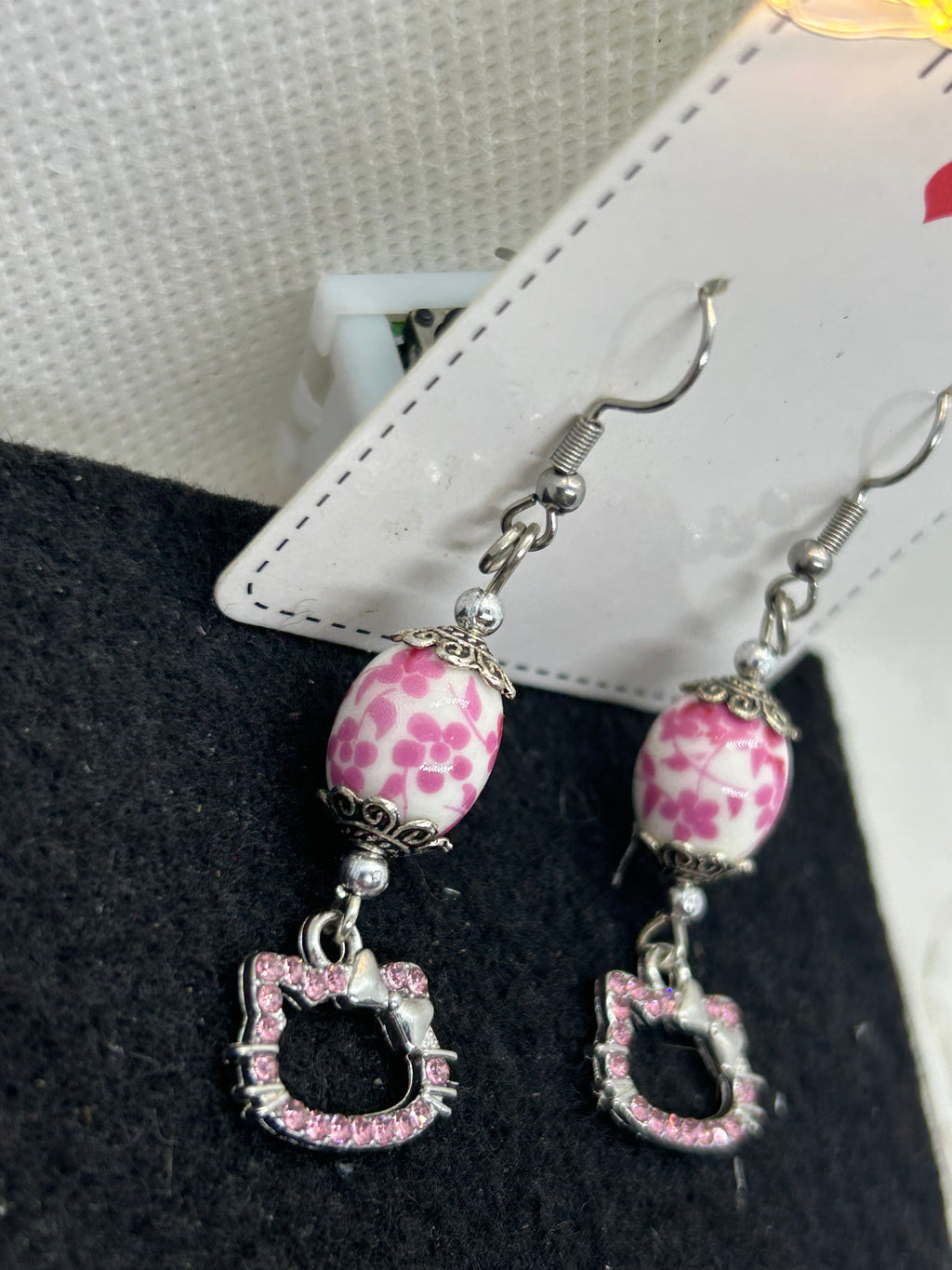 Pink Rhinestone Kitty with Floral Bead Earrings