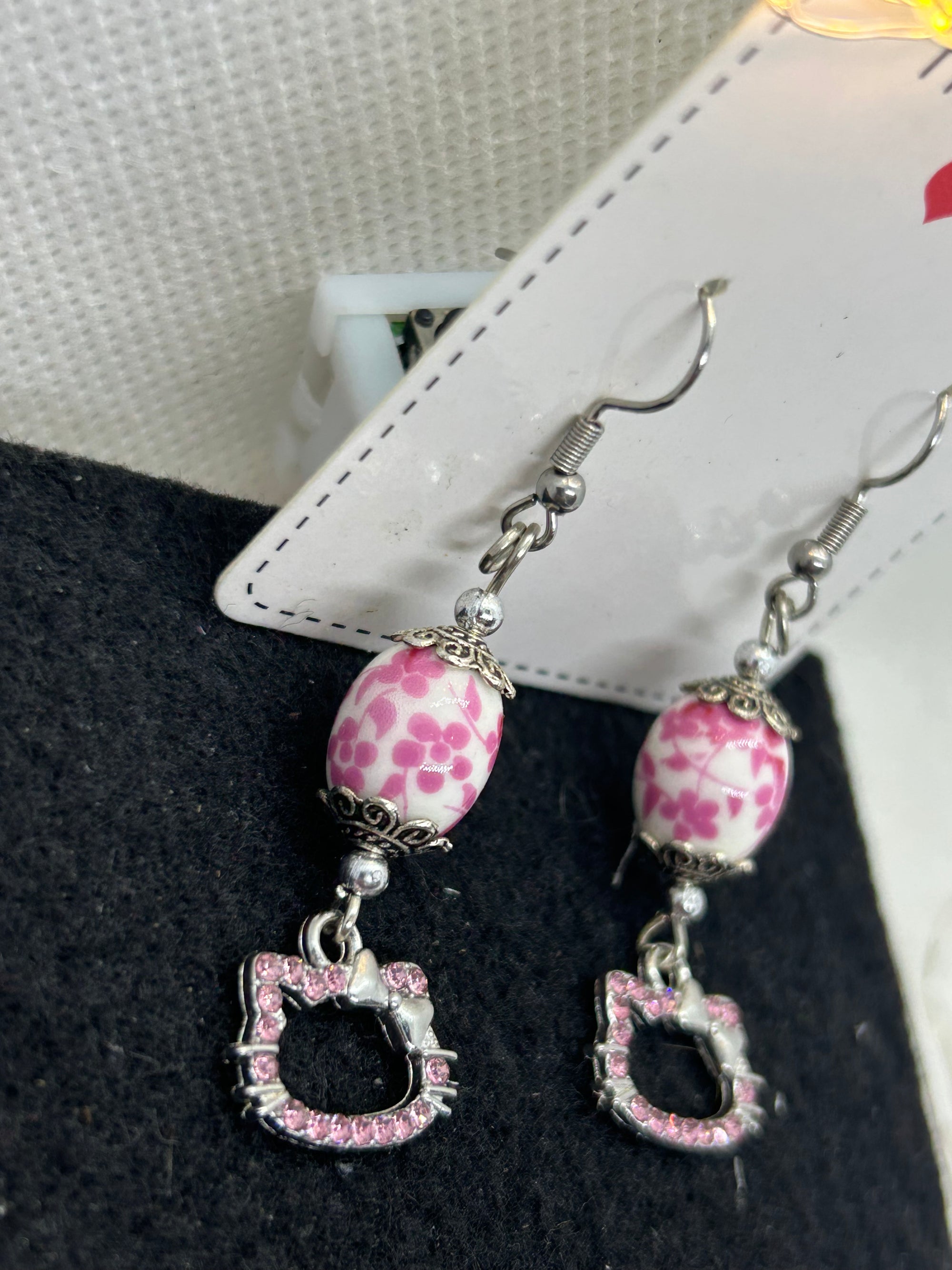 Pink Rhinestone Kitty with Floral Bead Earrings