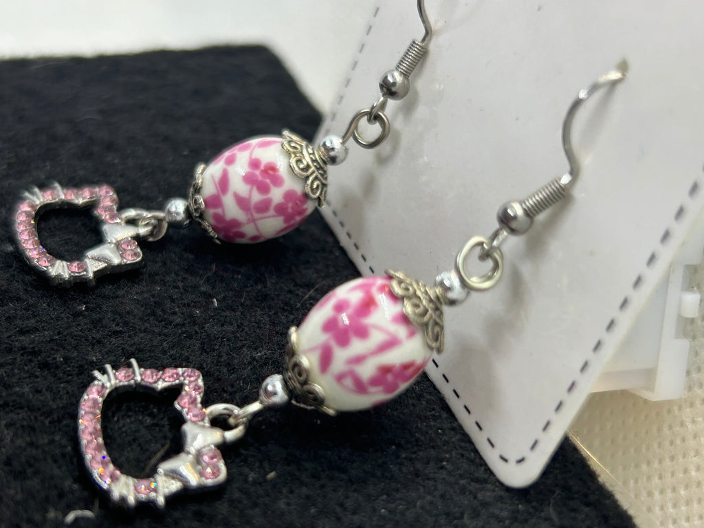 Pink Rhinestone Kitty with Floral Bead Earrings