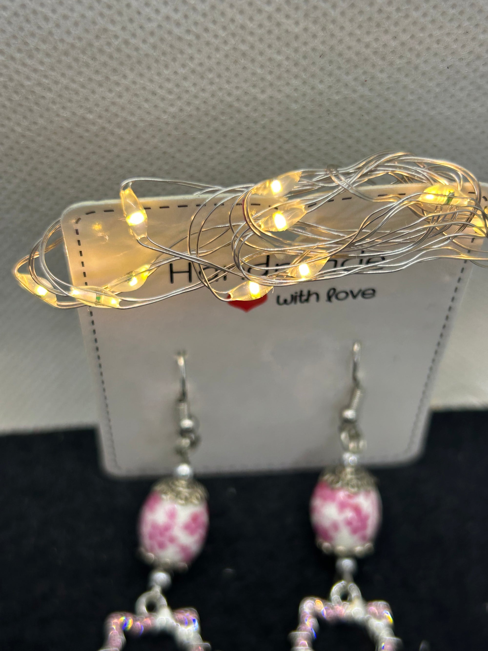 Pink Rhinestone Kitty with Floral Bead Earrings