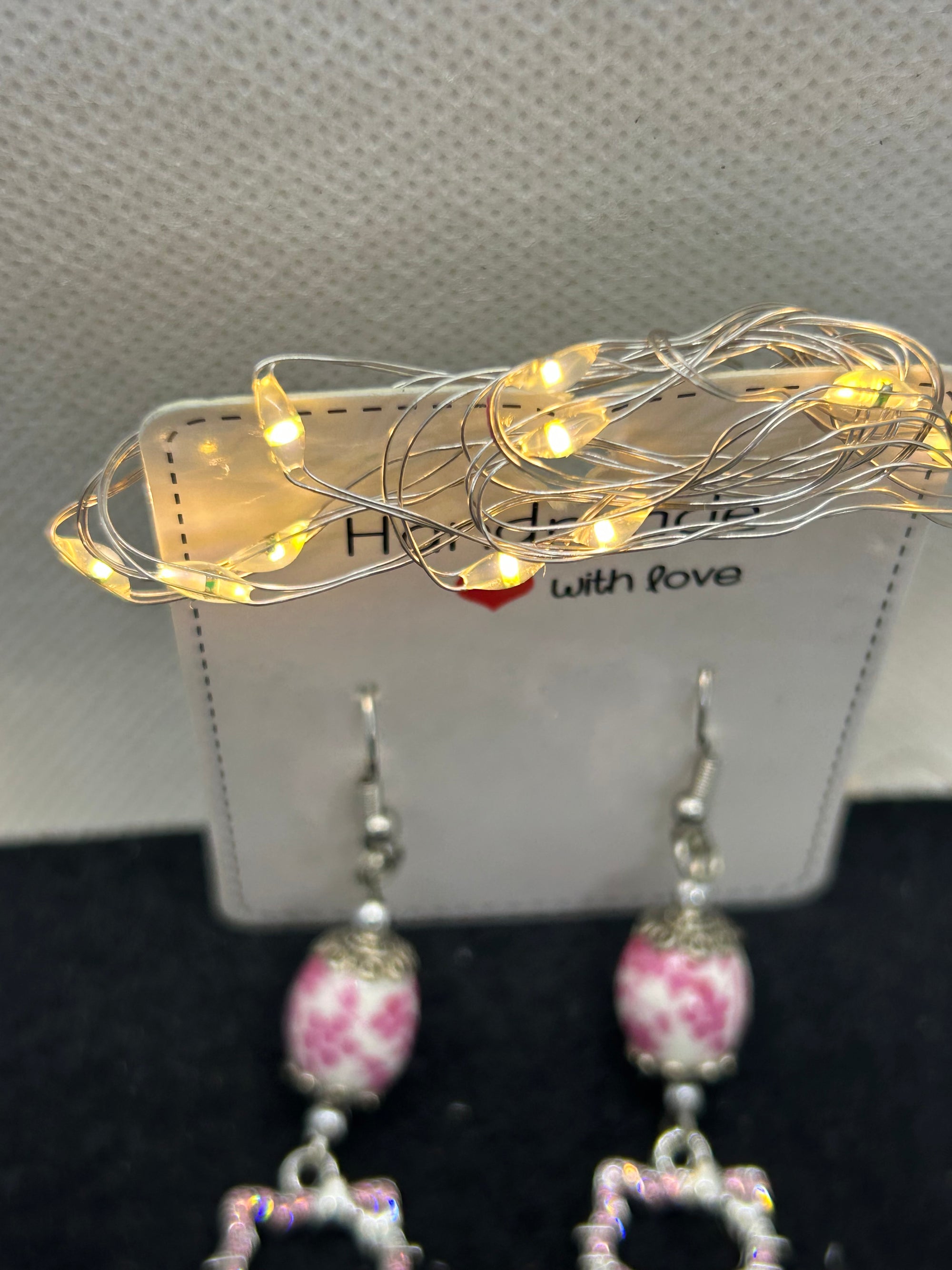 Pink Rhinestone Kitty with Floral Bead Earrings