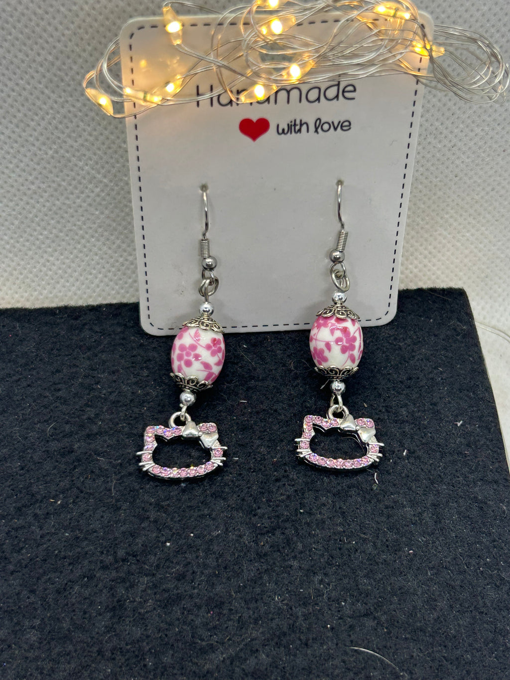 Pink Rhinestone Kitty with Floral Bead Earrings