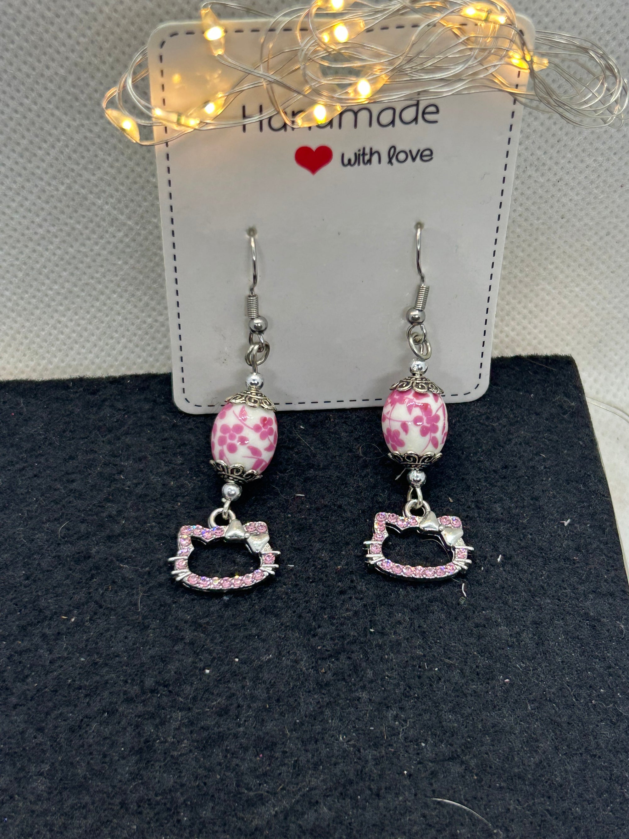 Pink Rhinestone Kitty with Floral Bead Earrings