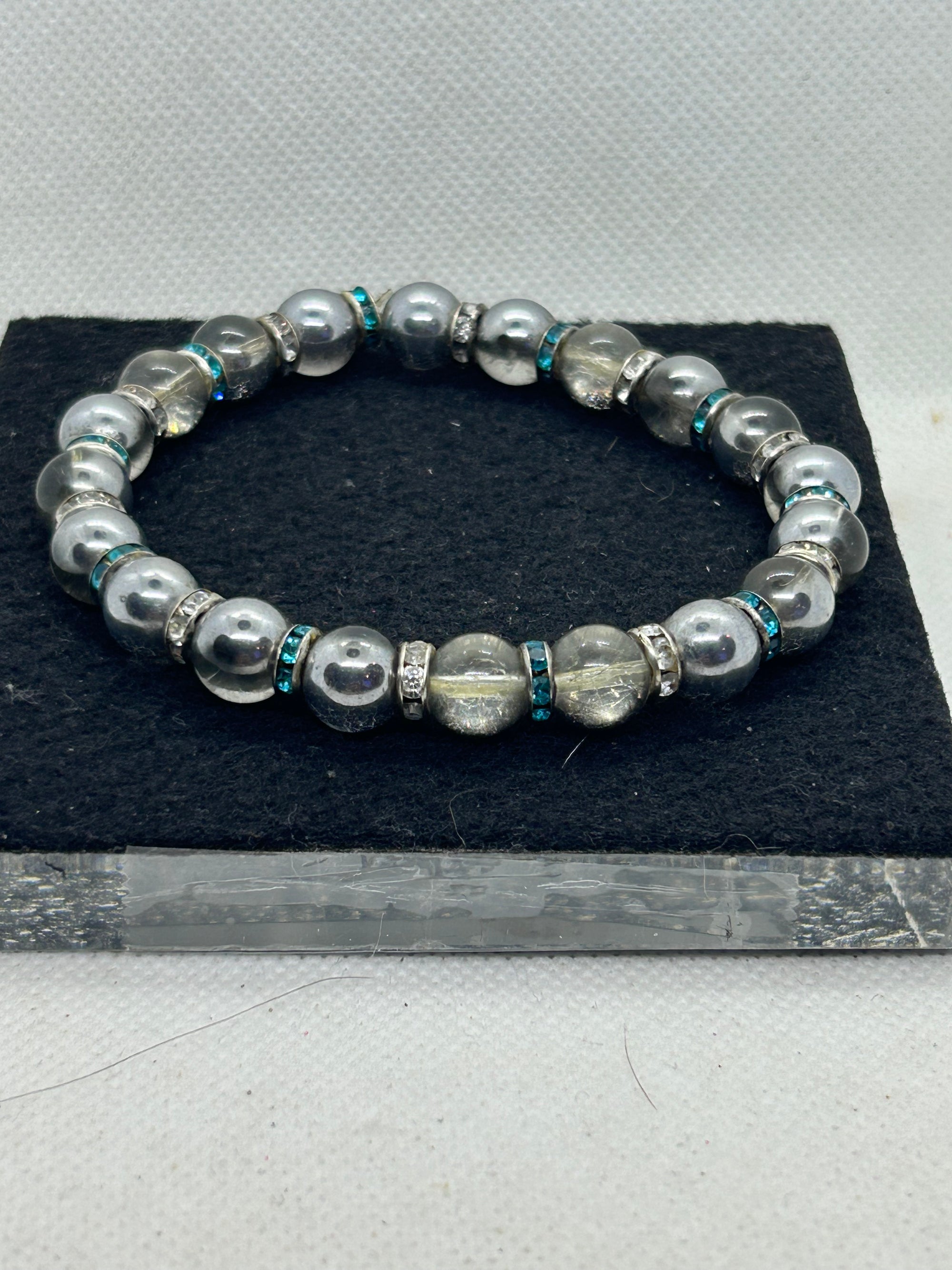 Chrome with Teal Rhinestone Beaded Bracelet
