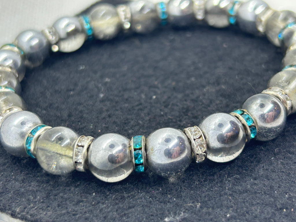 Chrome with Teal Rhinestone Beaded Bracelet