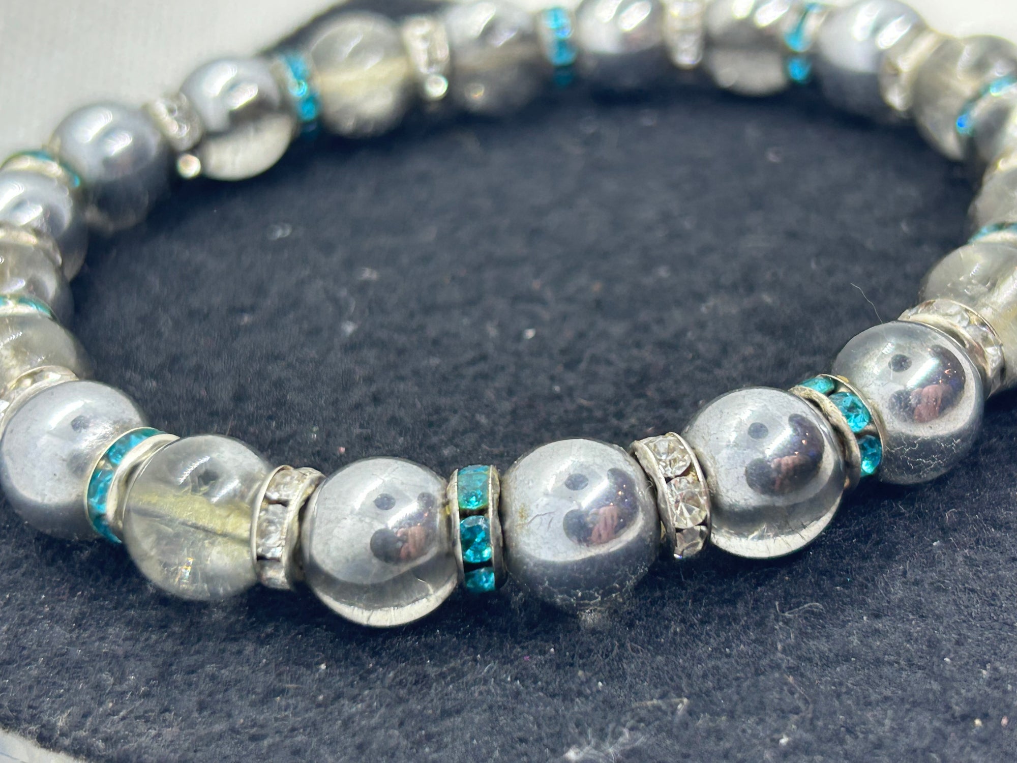 Chrome with Teal Rhinestone Beaded Bracelet