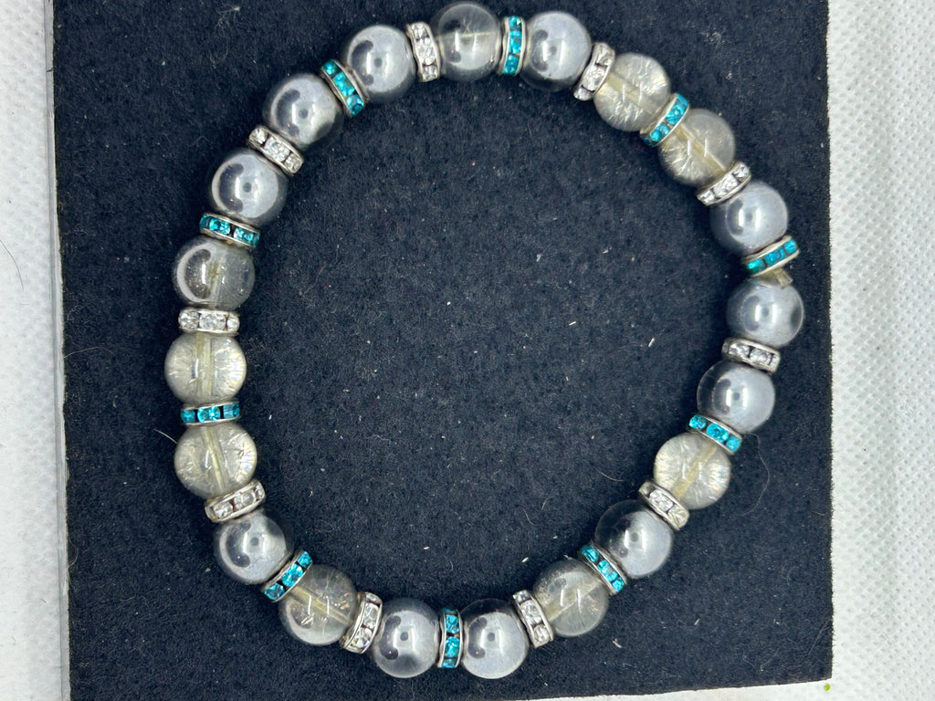 Chrome with Teal Rhinestone Beaded Bracelet