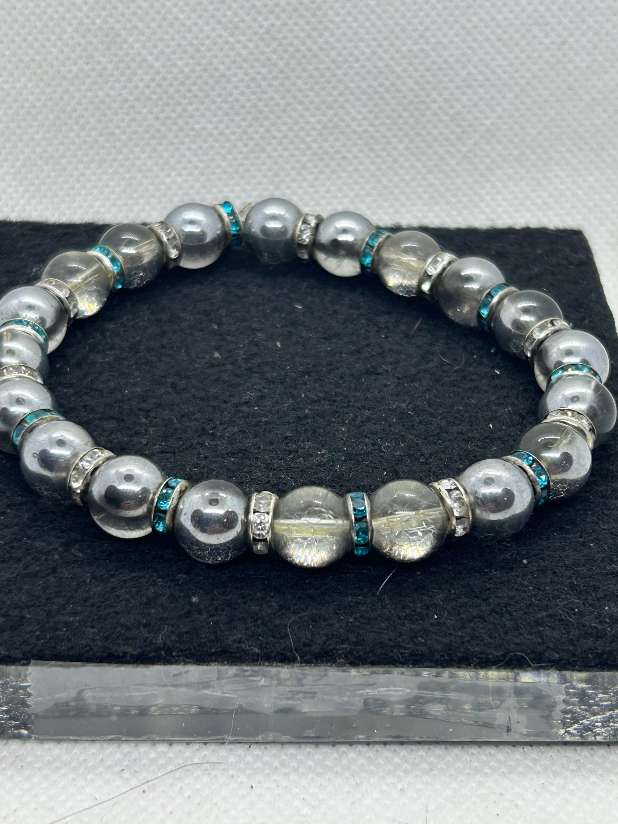 Chrome with Teal Rhinestone Beaded Bracelet