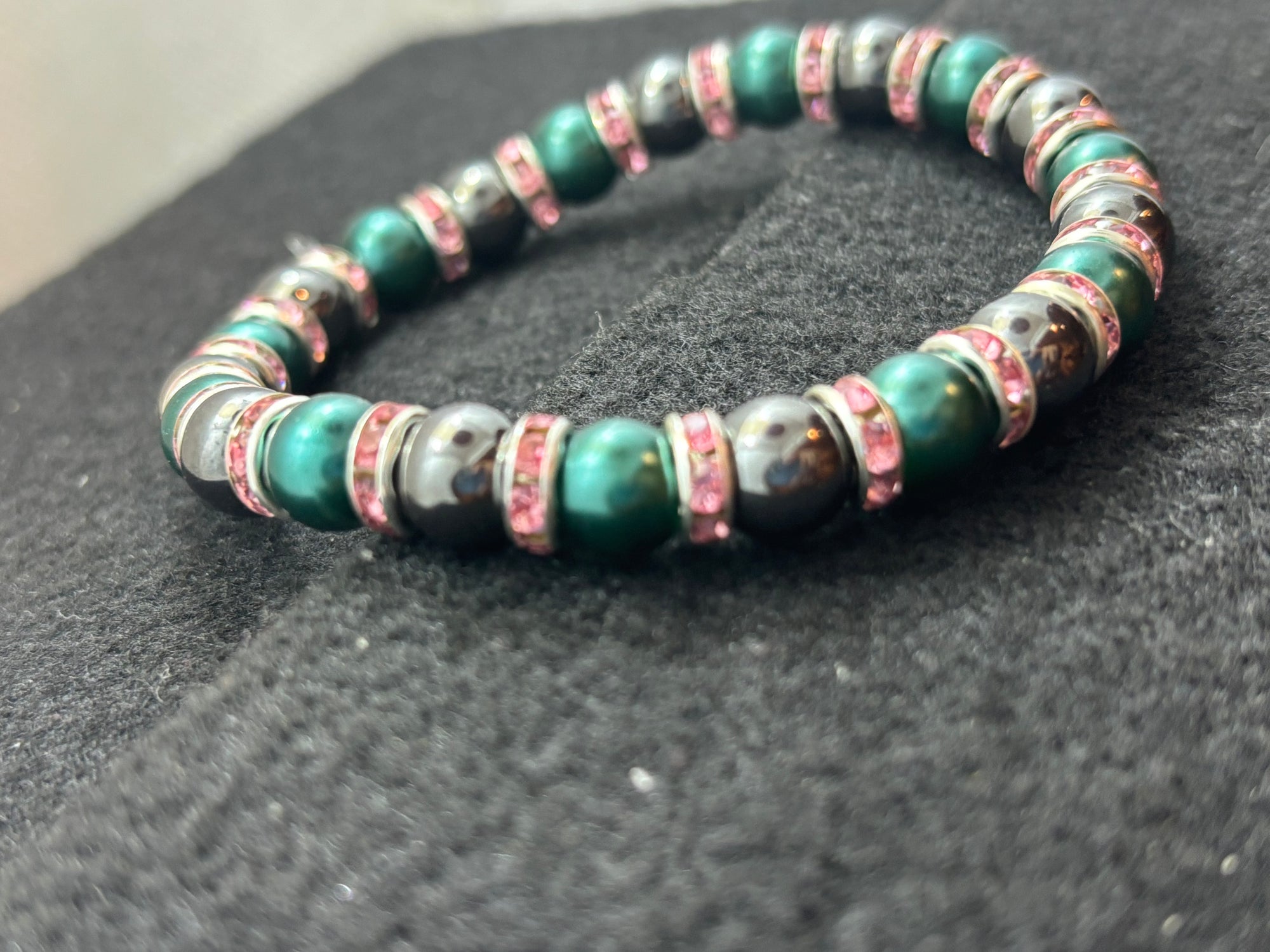 Black Hematite and Glass Teal Beaded Bracelet