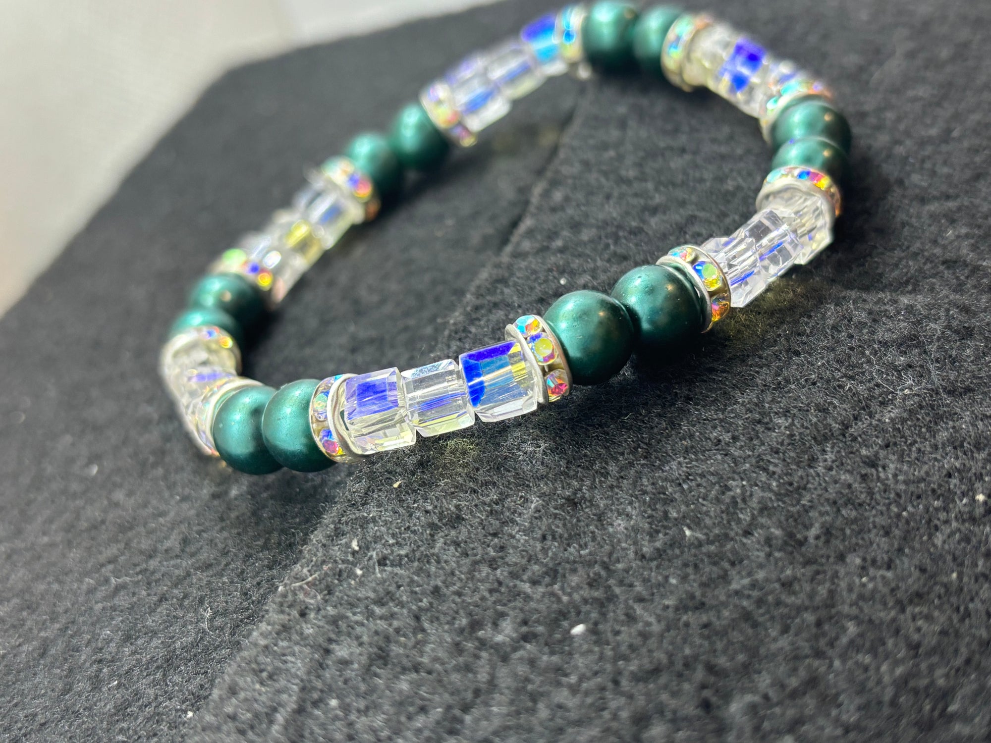 White glass and Teal glass Beaded Bracelet