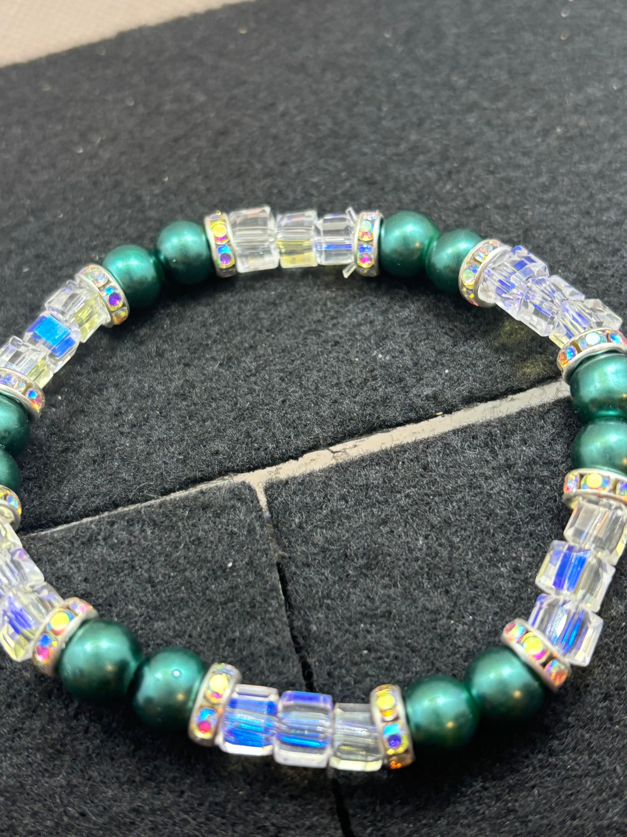 White glass and Teal glass Beaded Bracelet