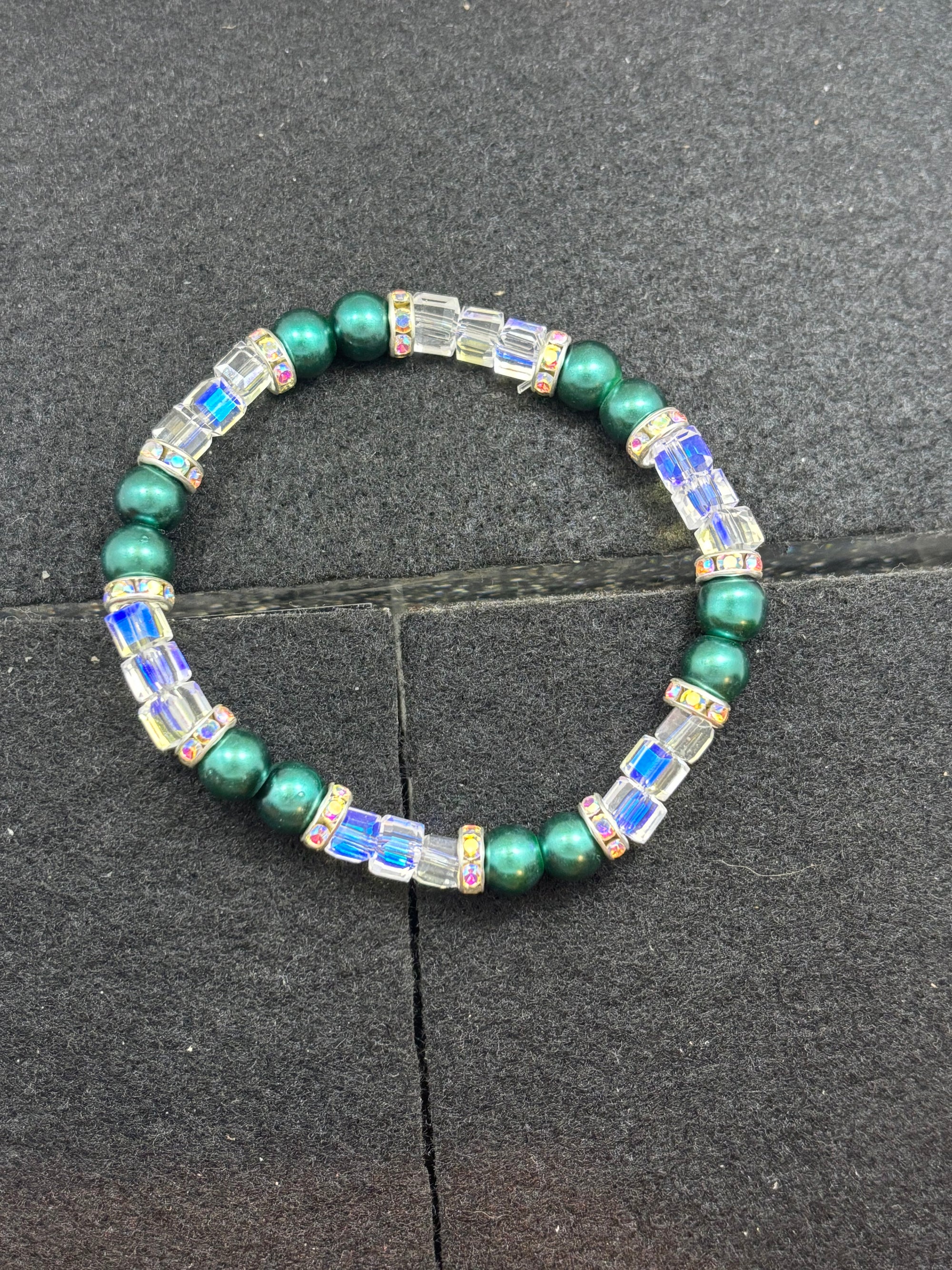 White glass and Teal glass Beaded Bracelet