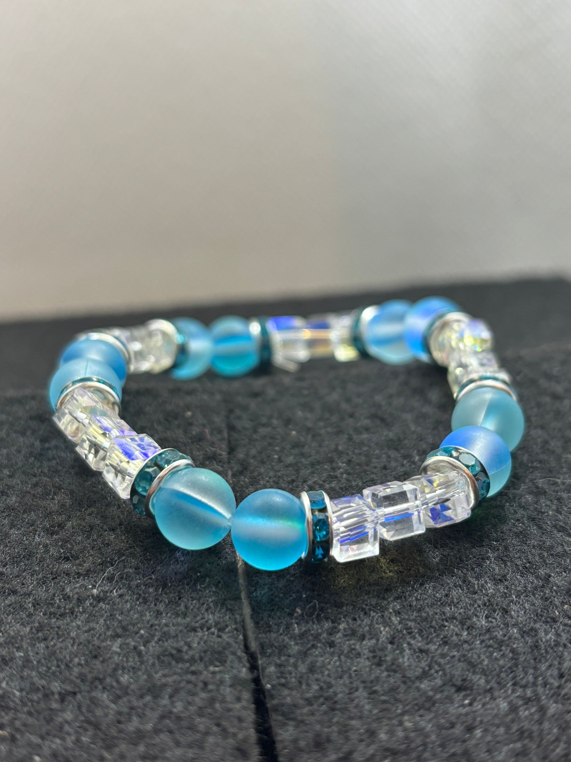 Teal Glowing Mermaid with White glass Beaded Bracelet