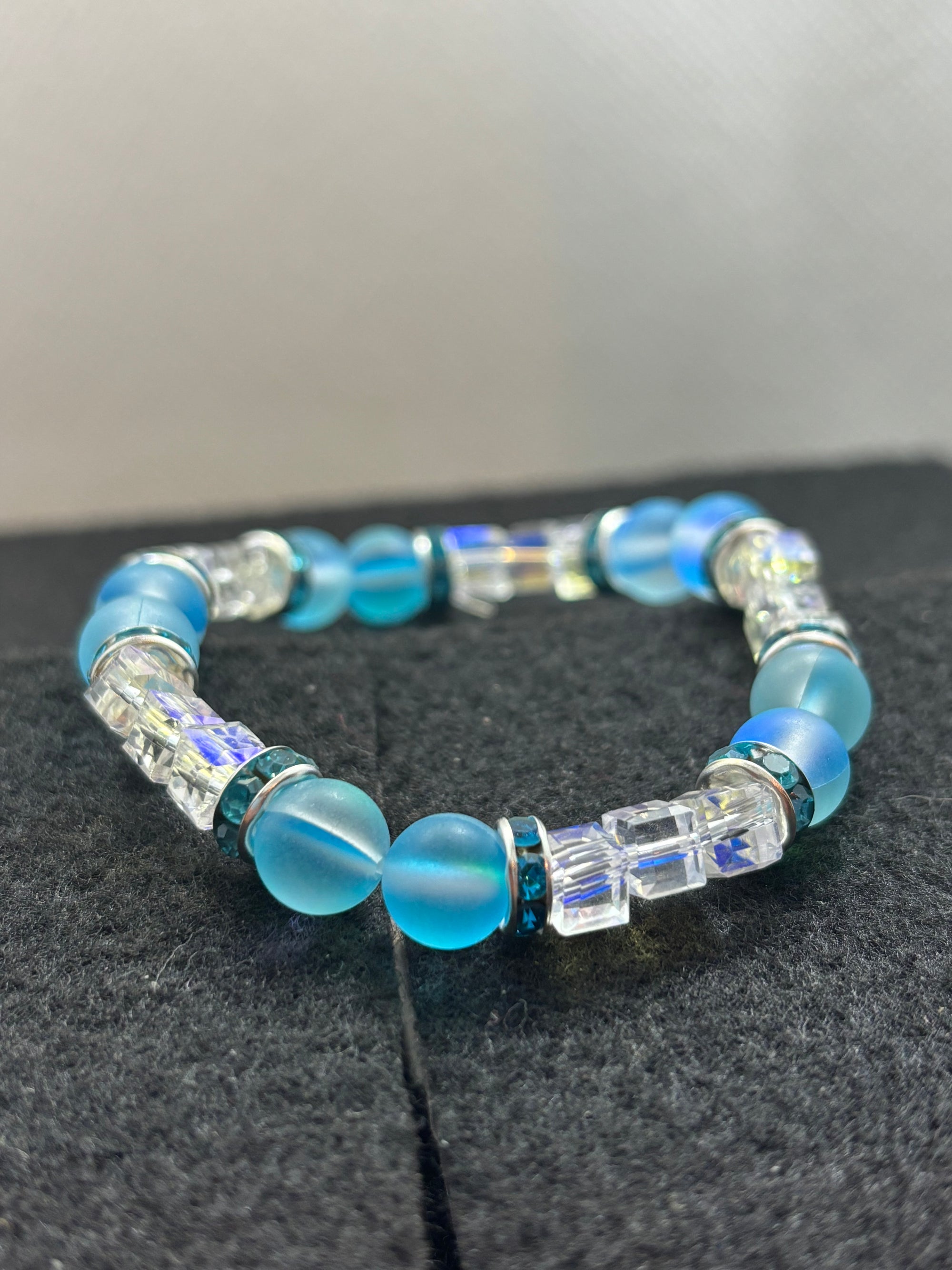 Teal Glowing Mermaid with White glass Beaded Bracelet