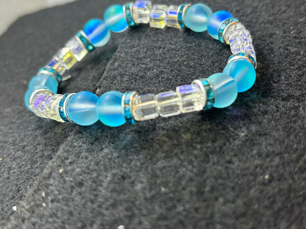 Teal Glowing Mermaid with White glass Beaded Bracelet