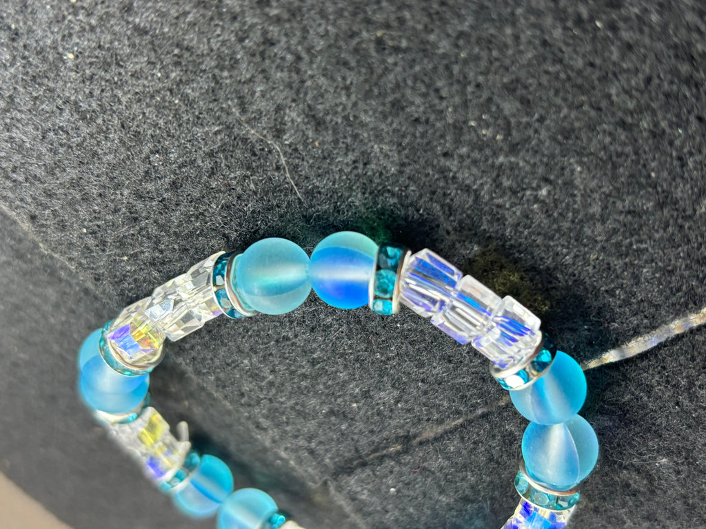 Teal Glowing Mermaid with White glass Beaded Bracelet
