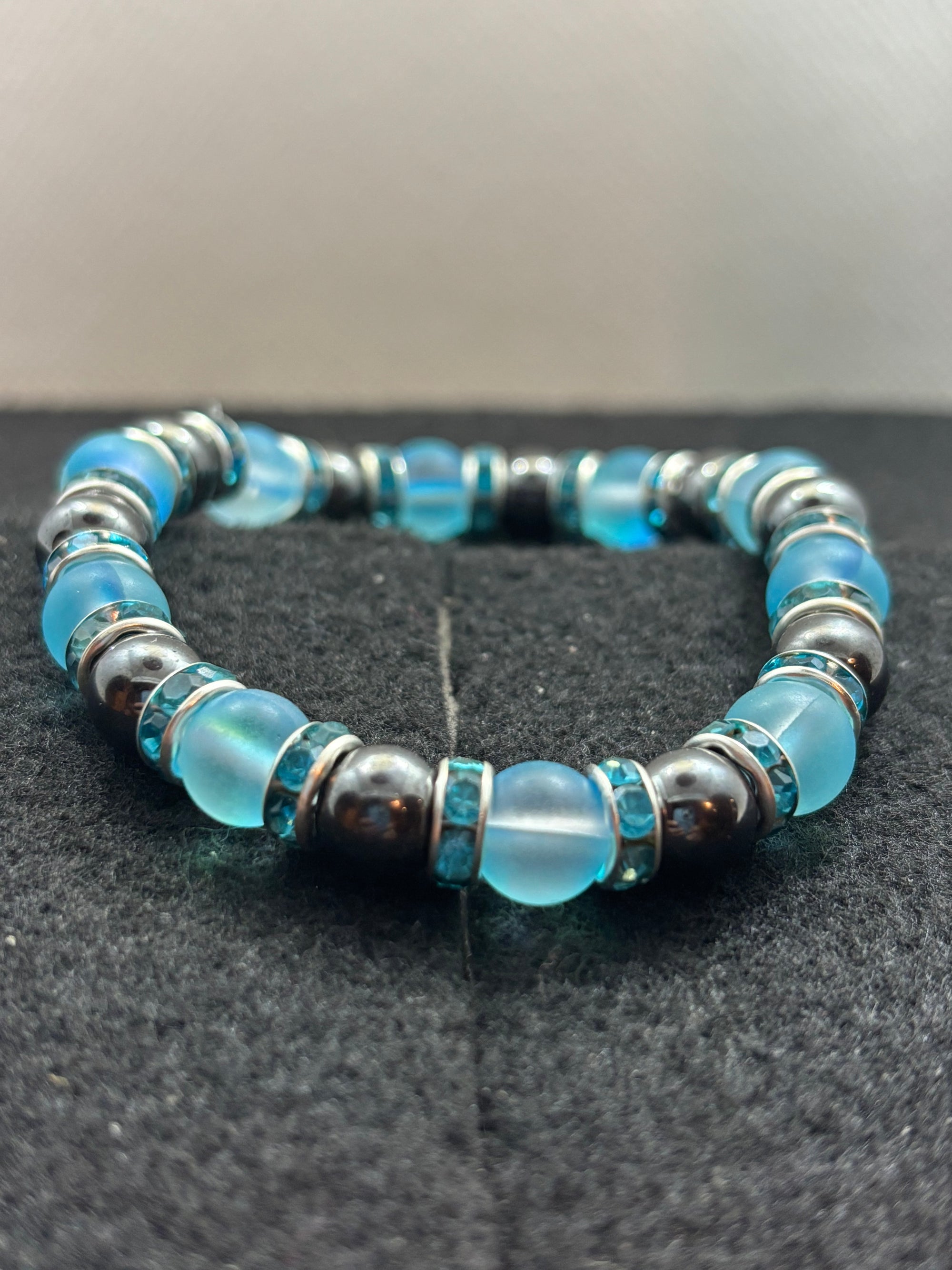Hematite and Glowing teal mermaid Beaded Bracelet