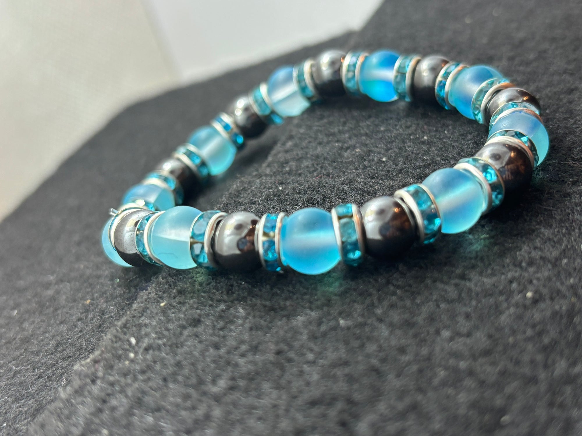 Hematite and Glowing teal mermaid Beaded Bracelet