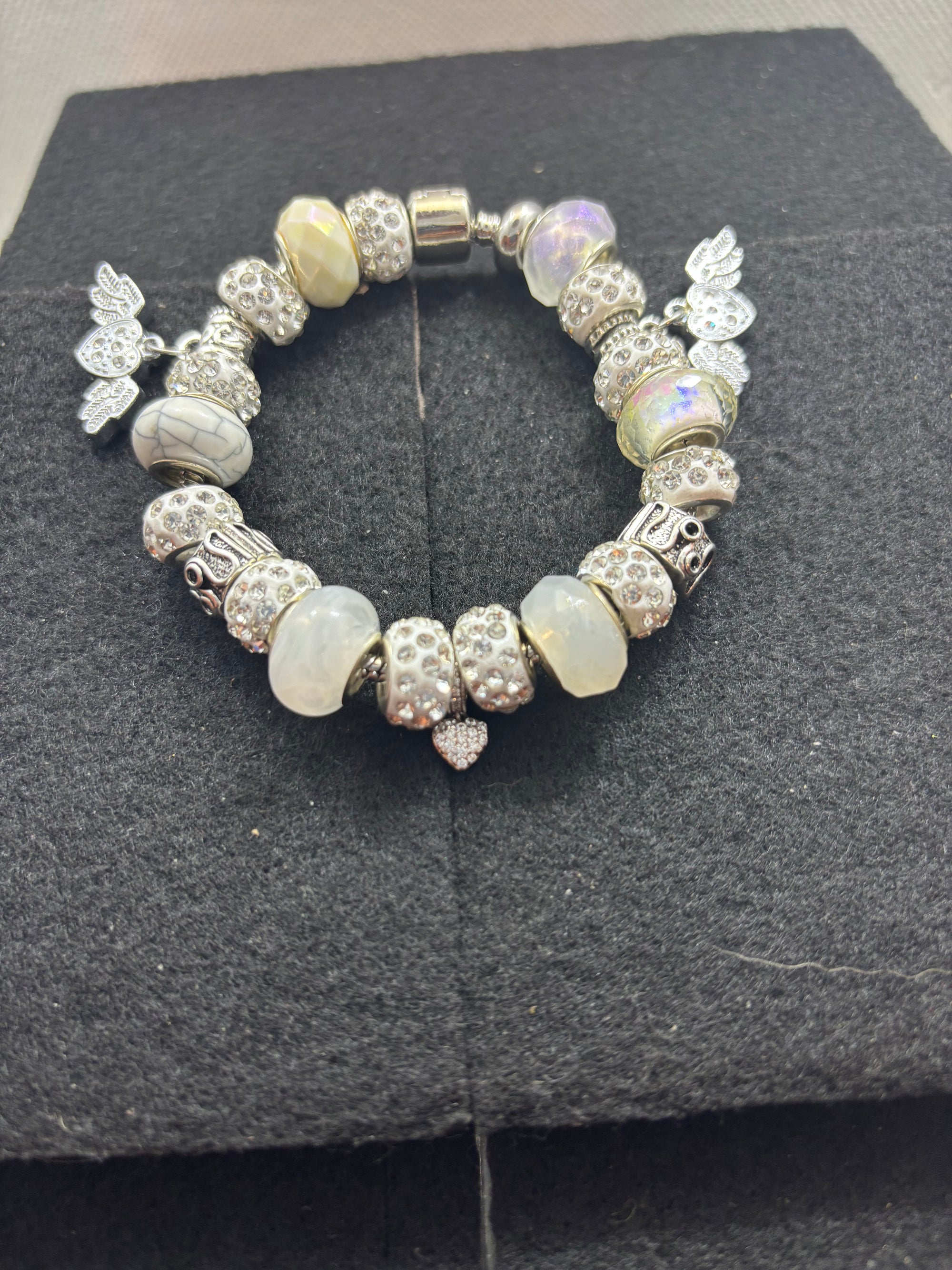 All White Rhinestones Heart Charm Bracelet