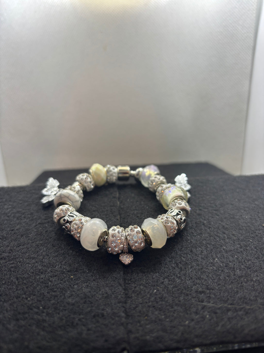 All White Rhinestones Heart Charm Bracelet