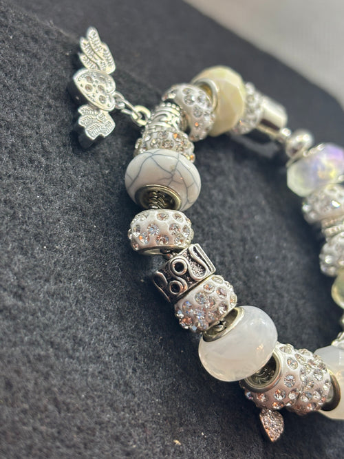 All White Rhinestones Heart Charm Bracelet