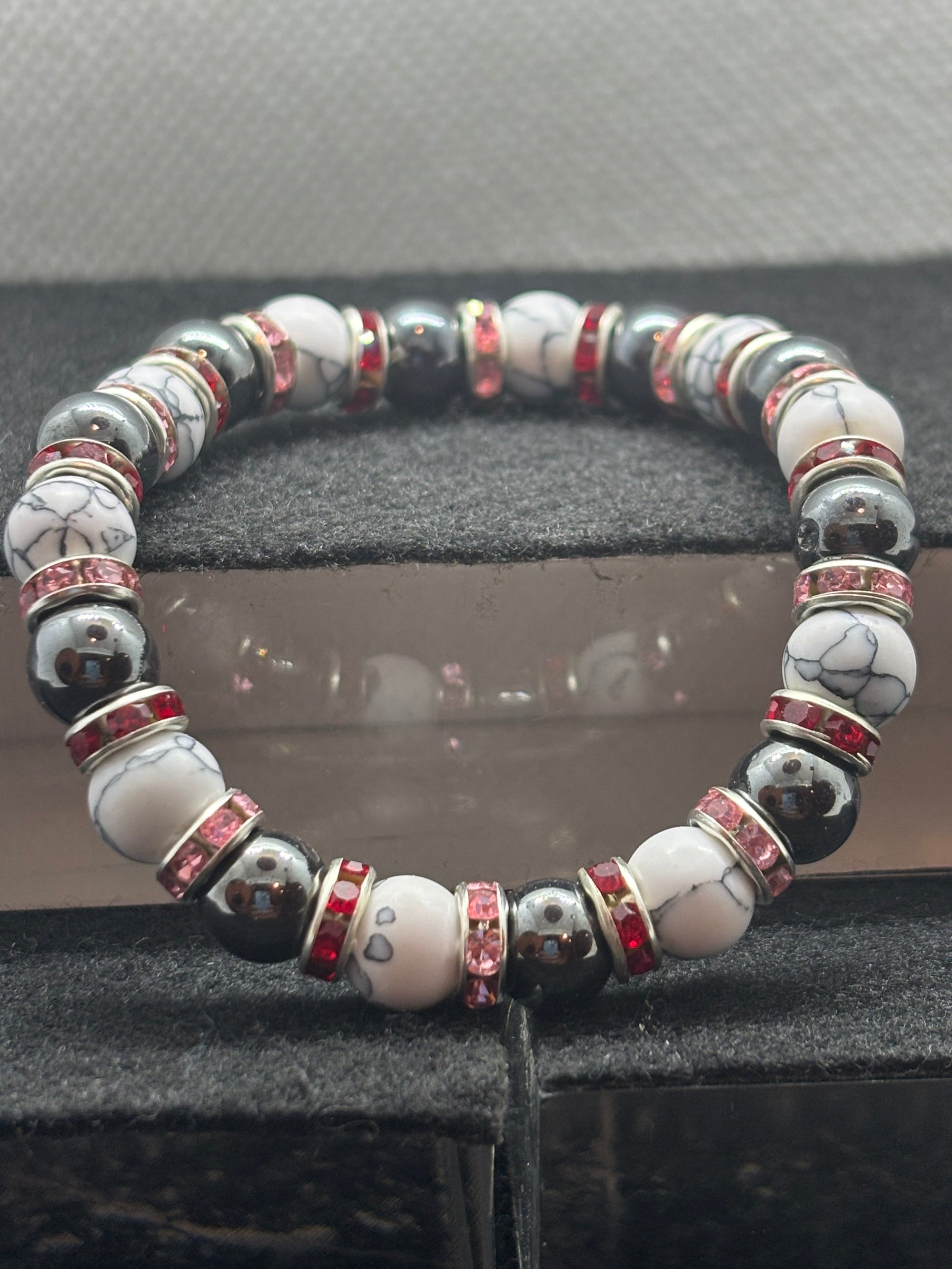 Howl Lite and Hematite Beaded Bracelet with Red Rhinestone spacers