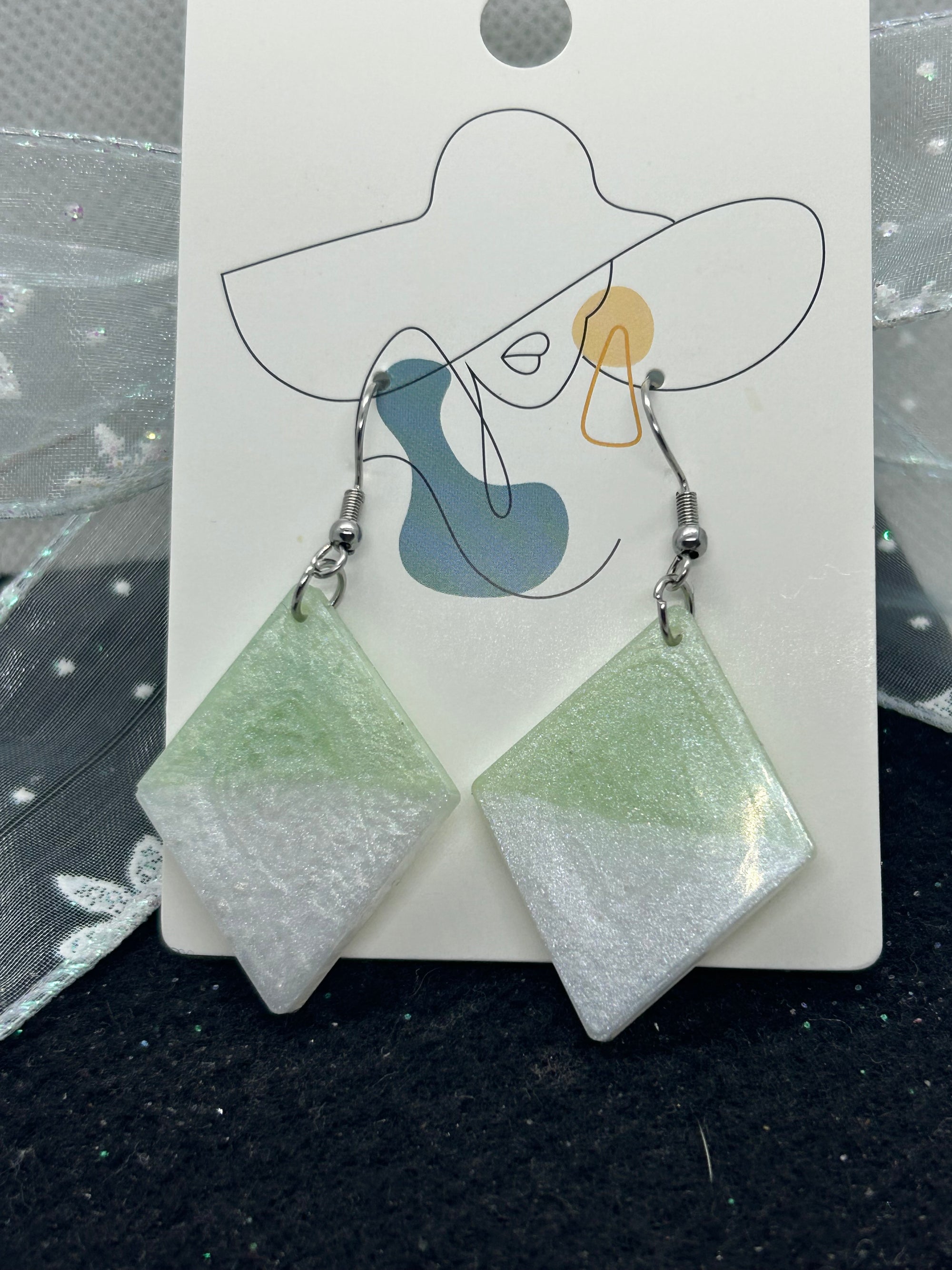 Green and White diamond Shaped Earrings