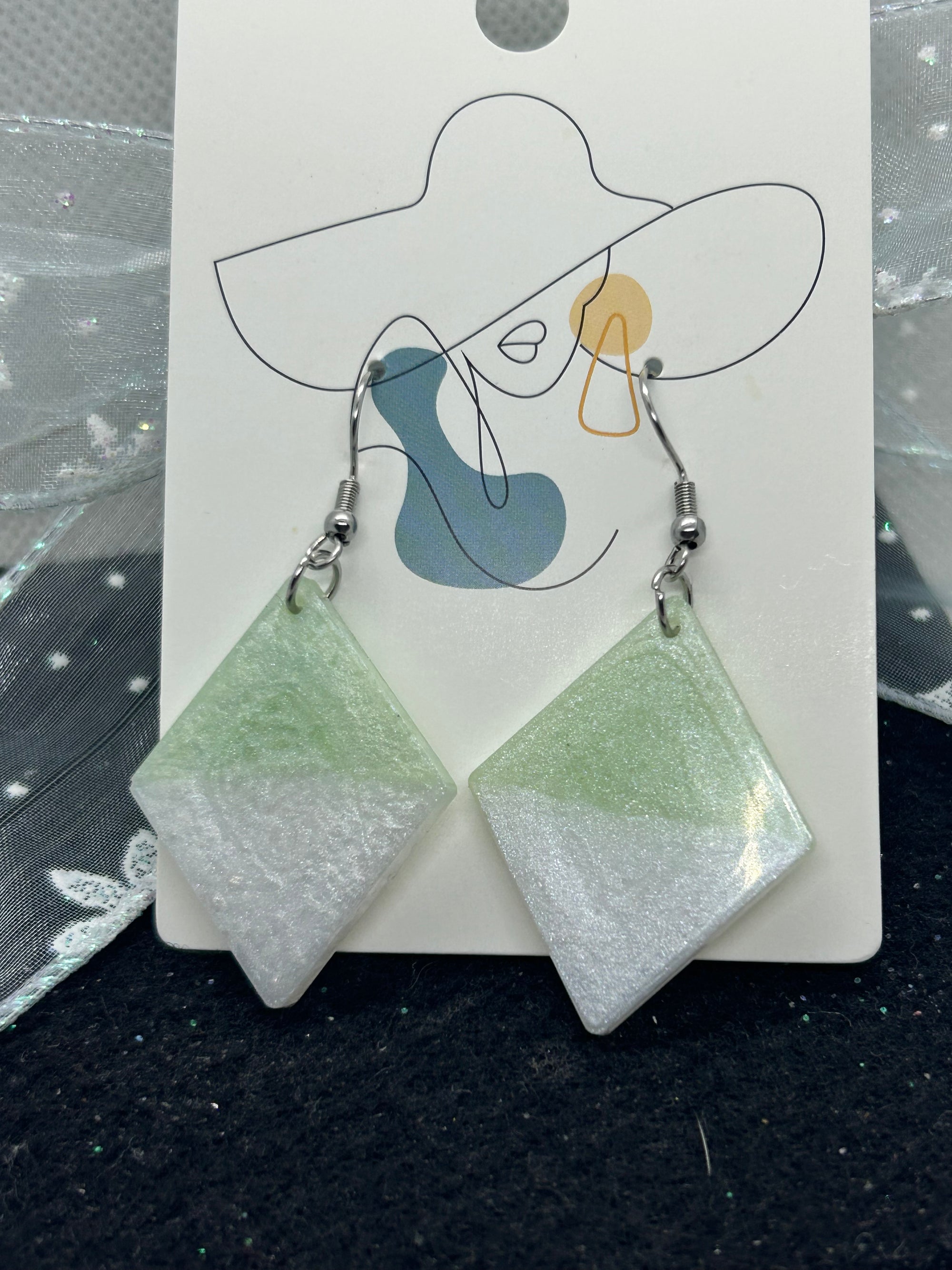 Green and White diamond Shaped Earrings