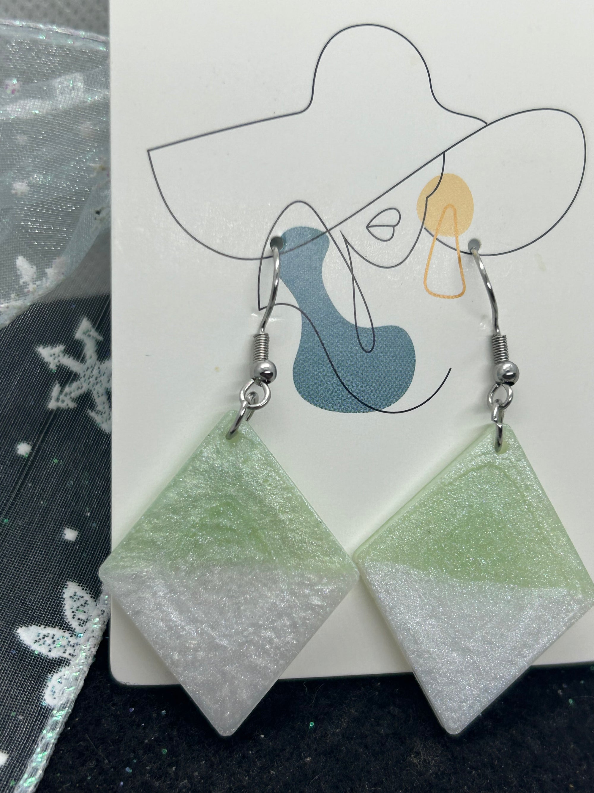 Green and White diamond Shaped Earrings