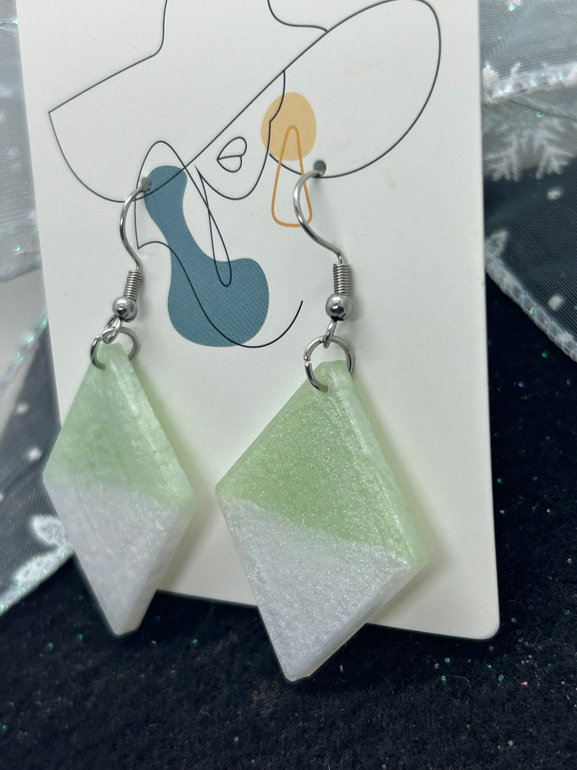 Green and White diamond Shaped Earrings