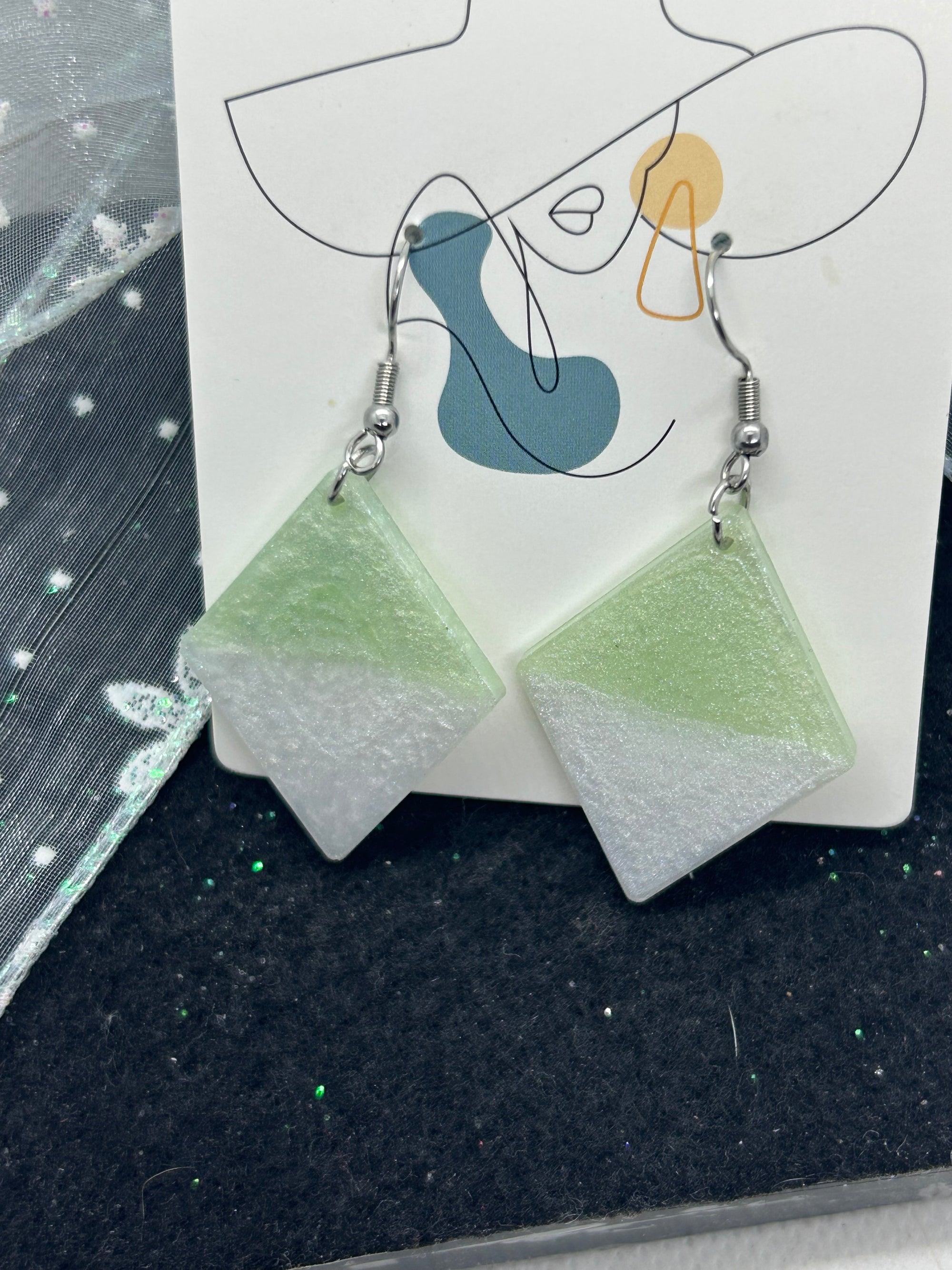 Green and White diamond Shaped Earrings