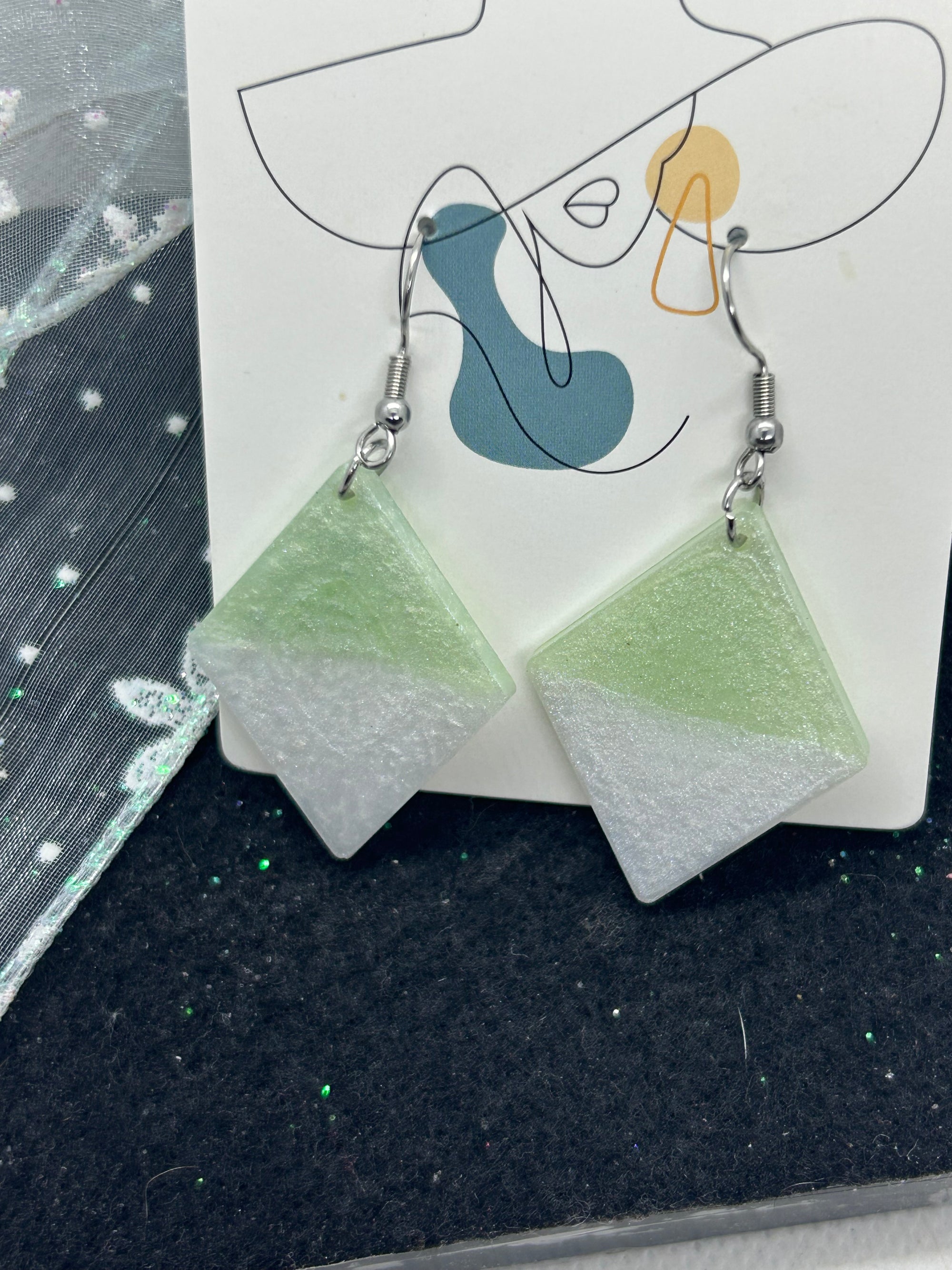 Green and White diamond Shaped Earrings