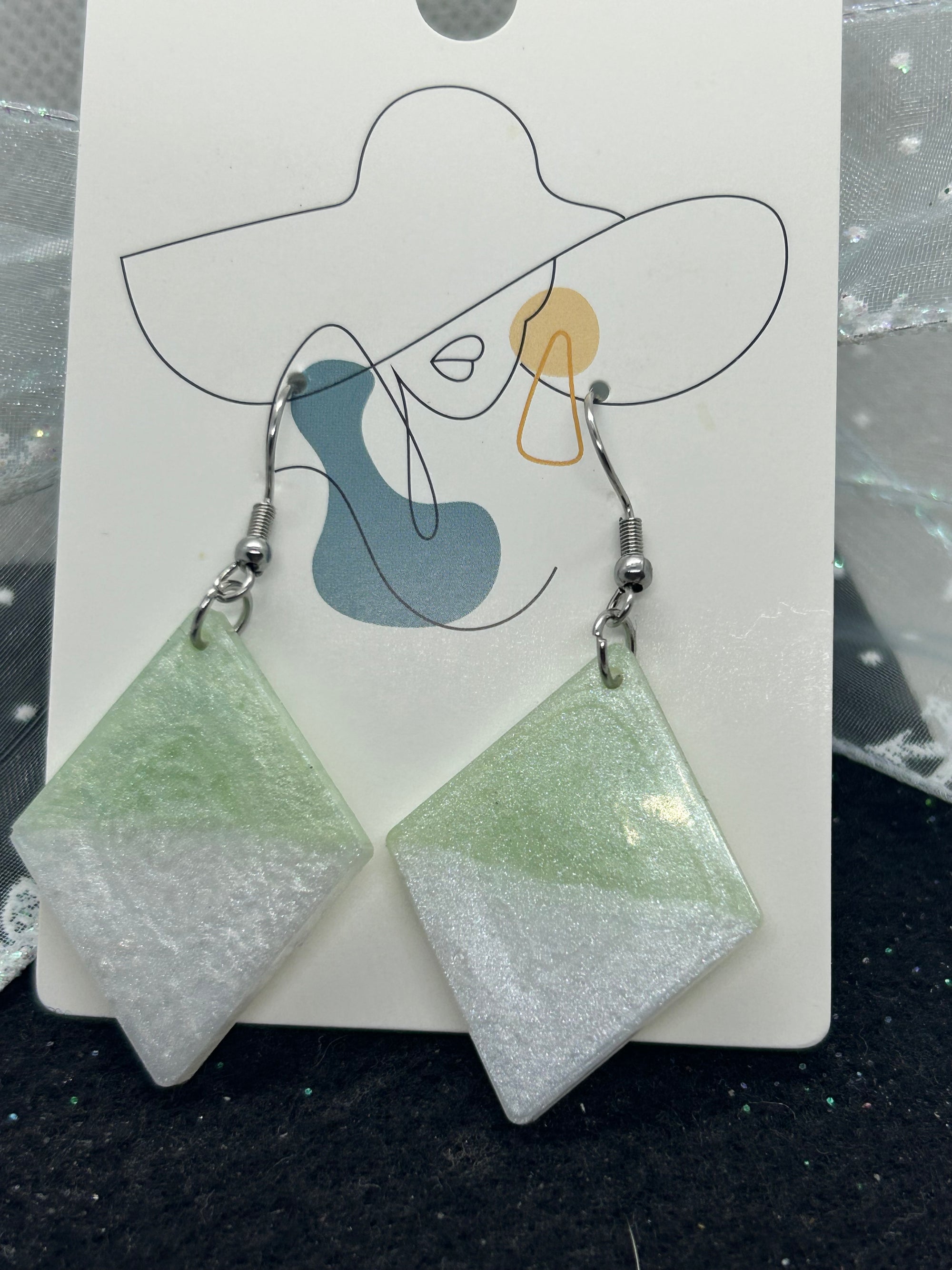 Green and White diamond Shaped Earrings