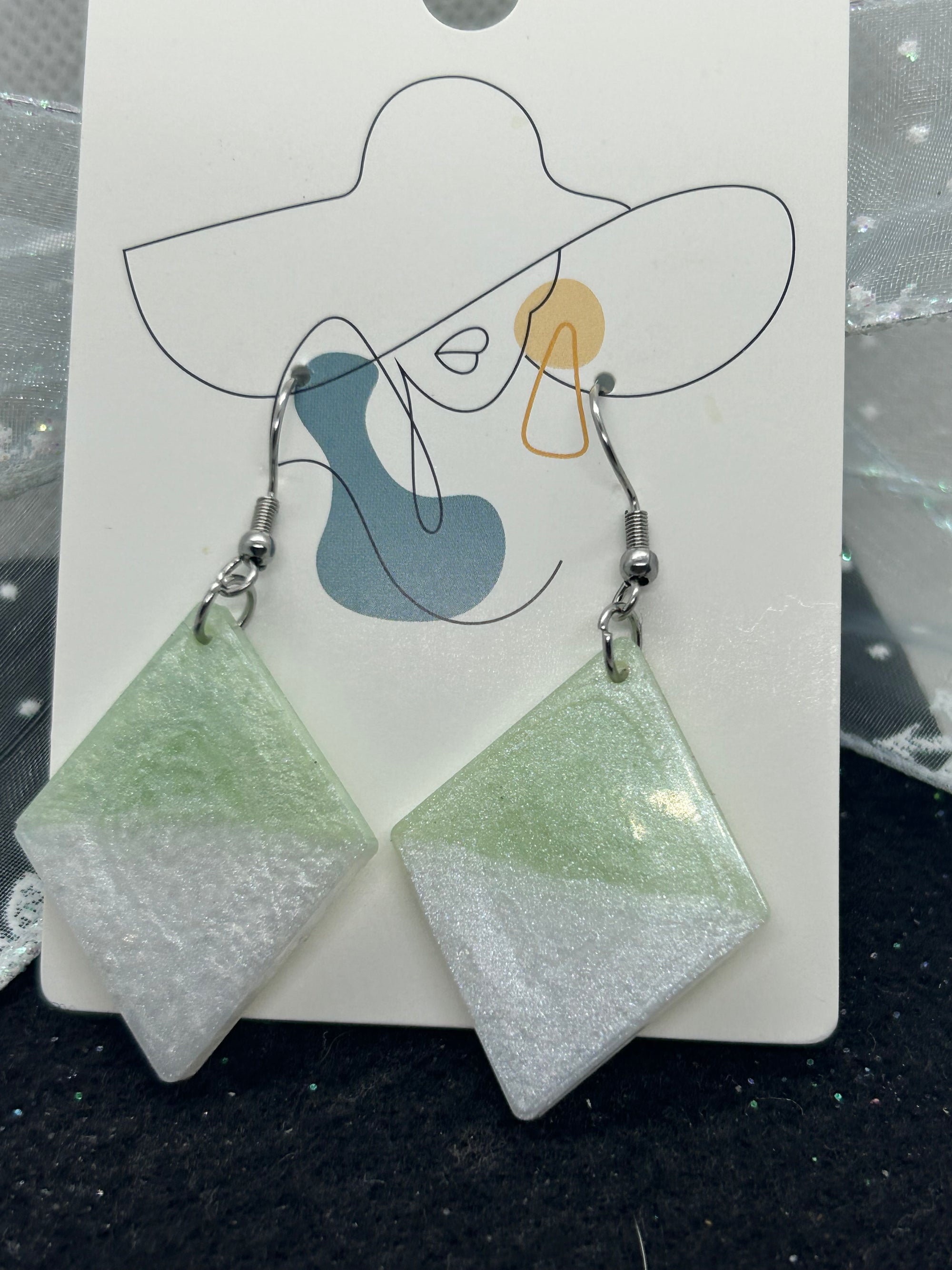 Green and White diamond Shaped Earrings