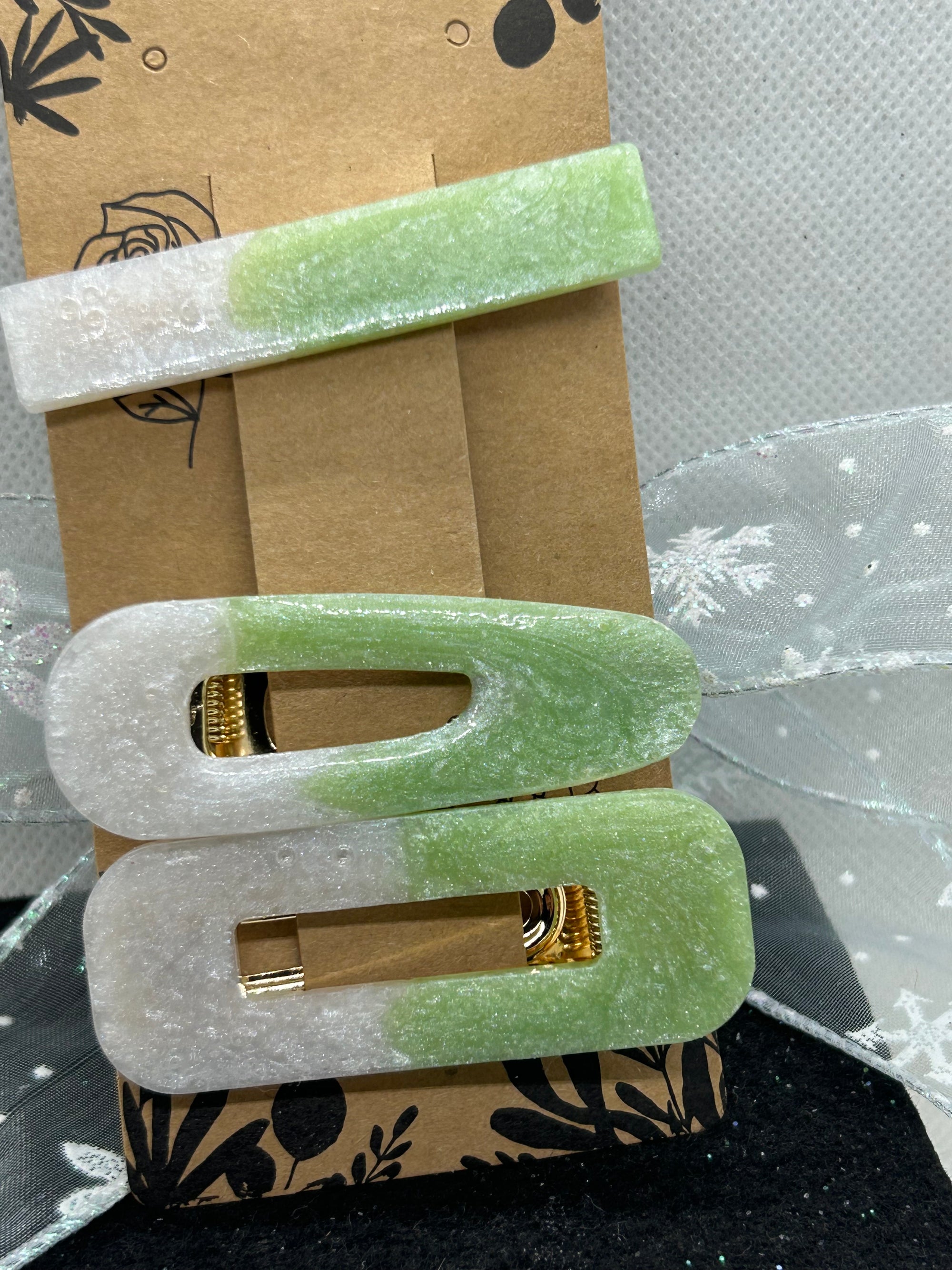 Green and White Hair Clips