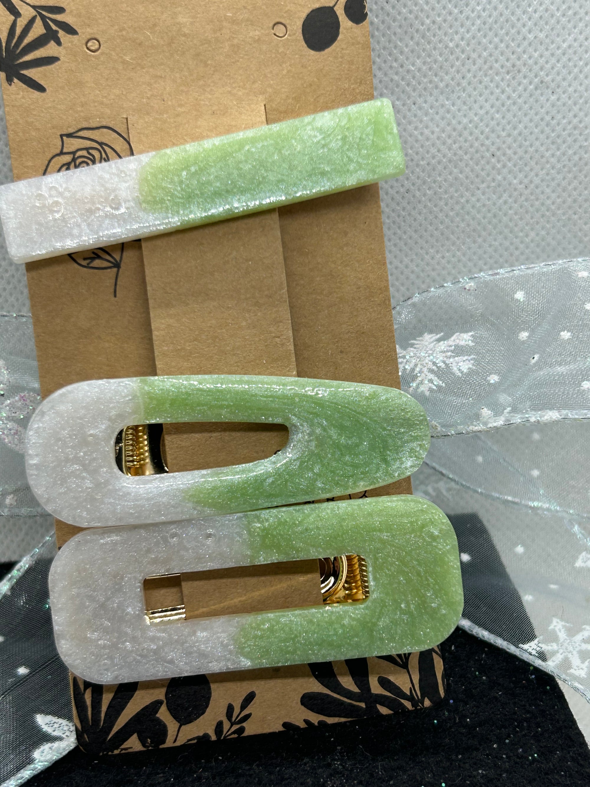 Green and White Hair Clips