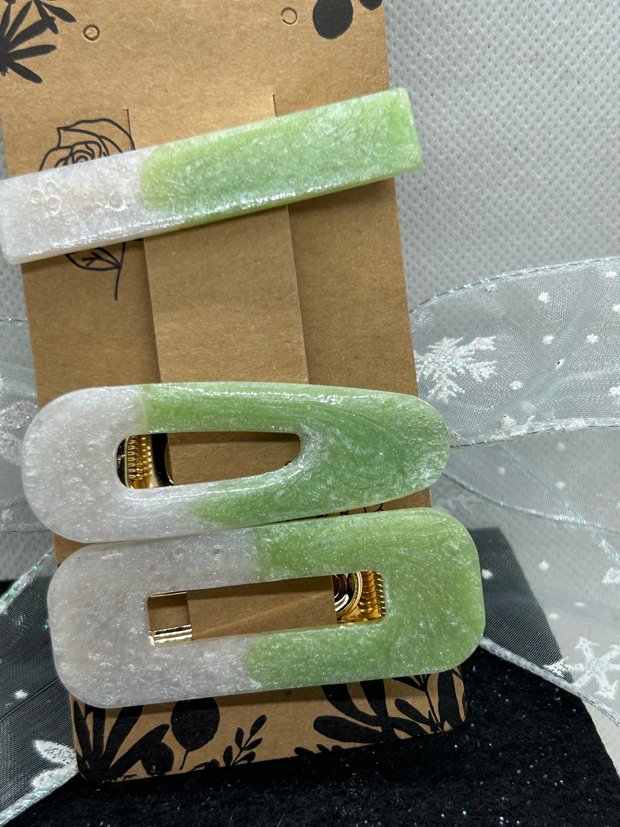 Green and White Hair Clips