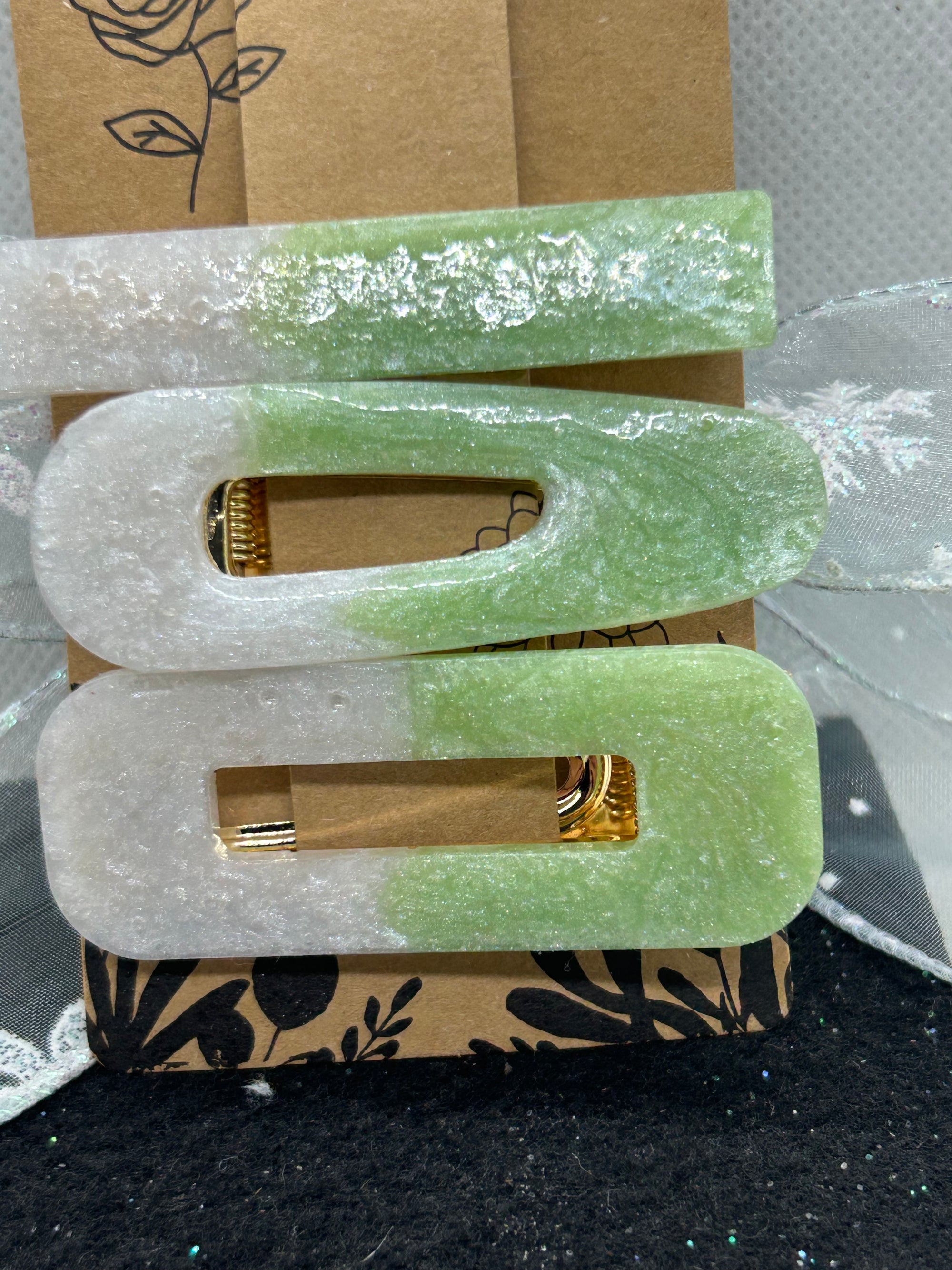 Green and White Hair Clips