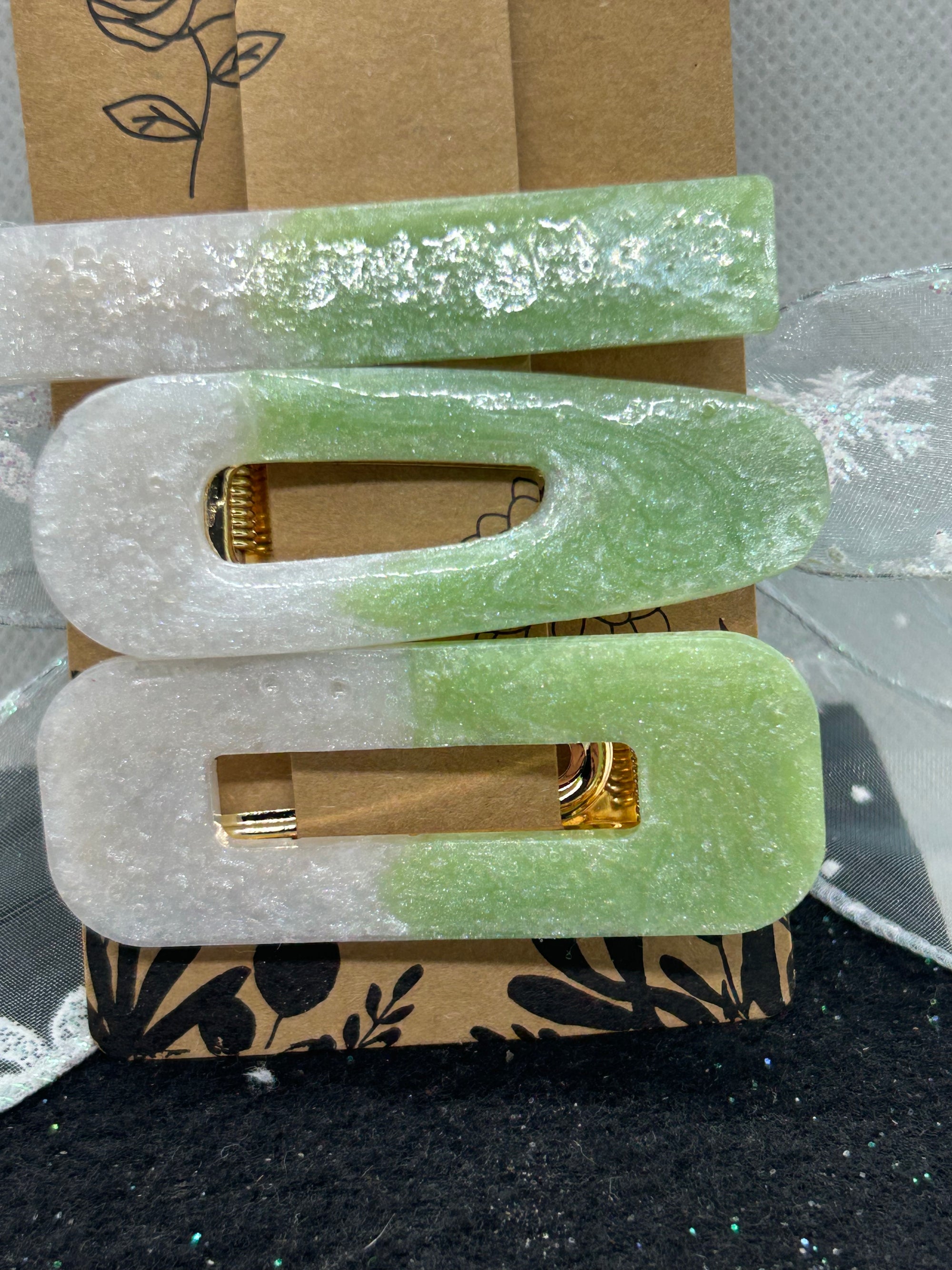 Green and White Hair Clips