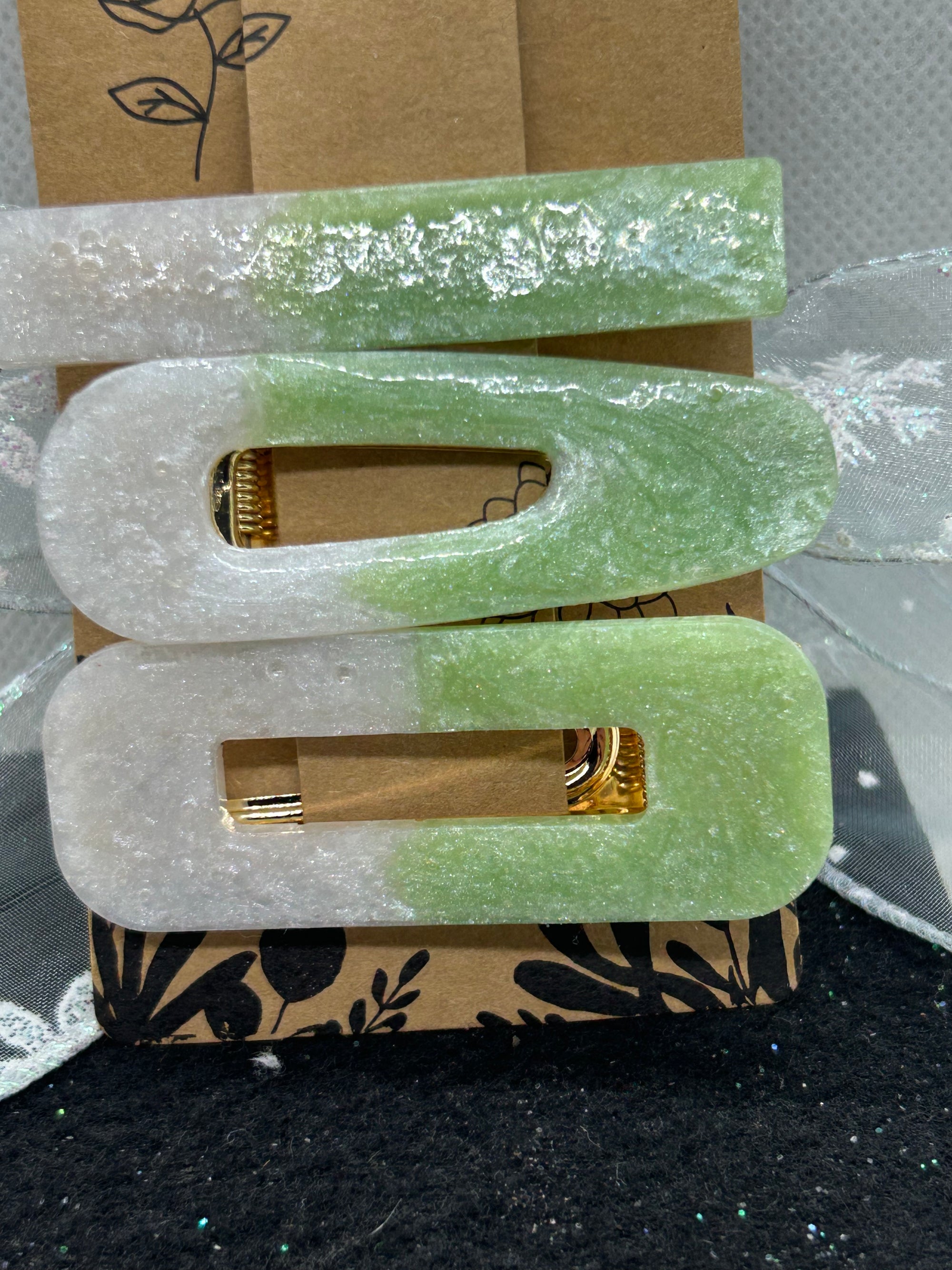 Green and White Hair Clips