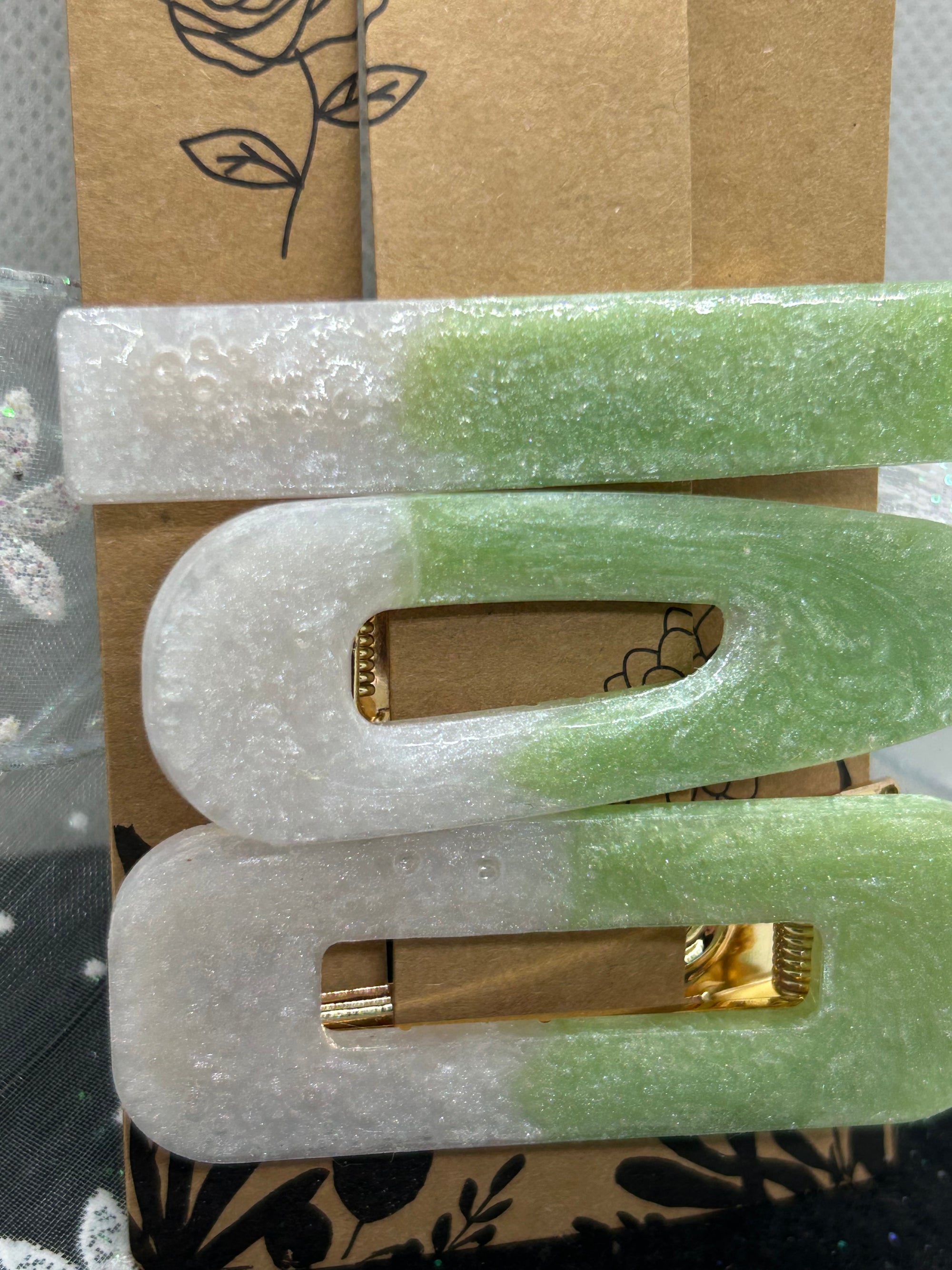 Green and White Hair Clips