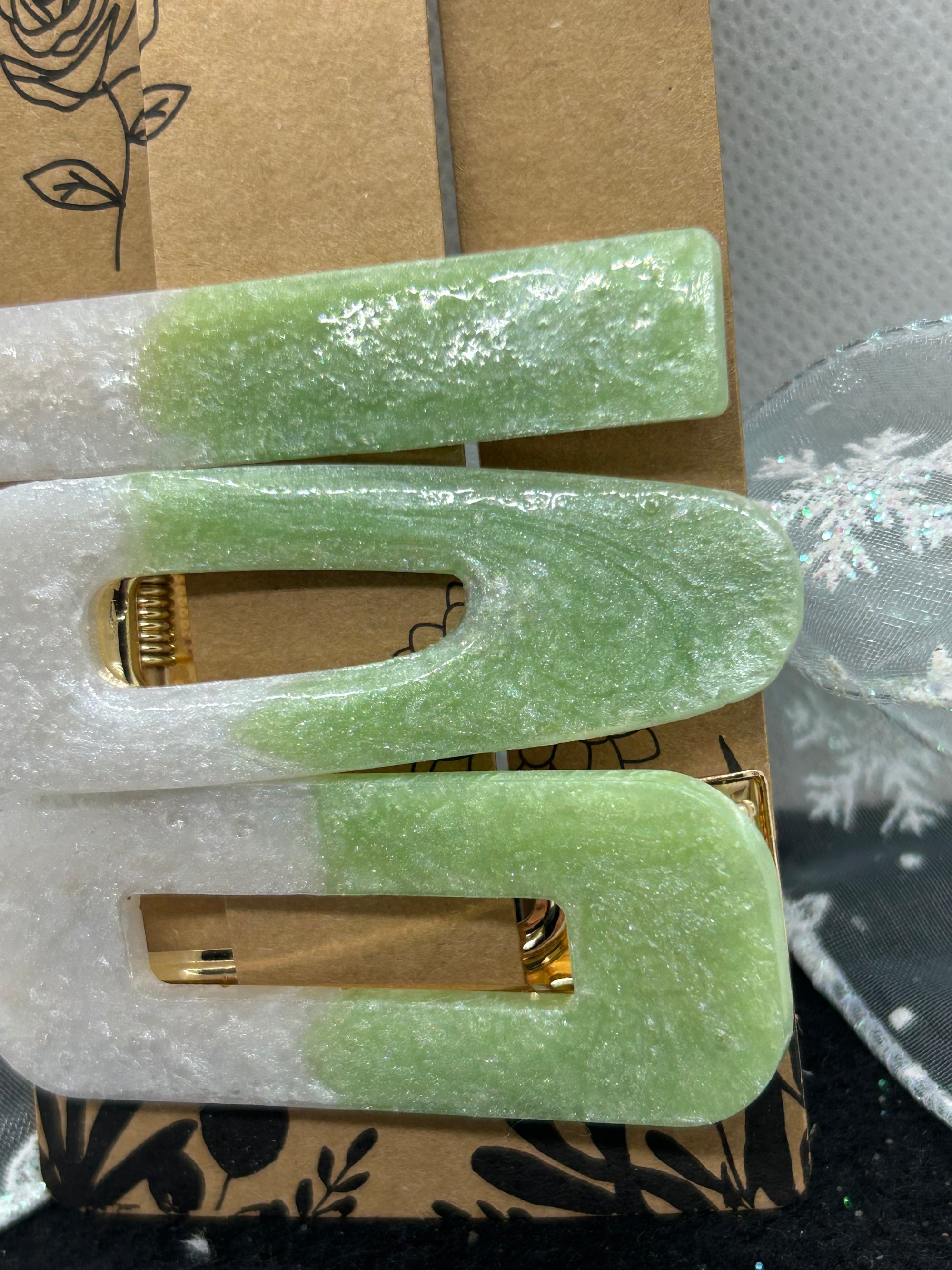 Green and White Hair Clips