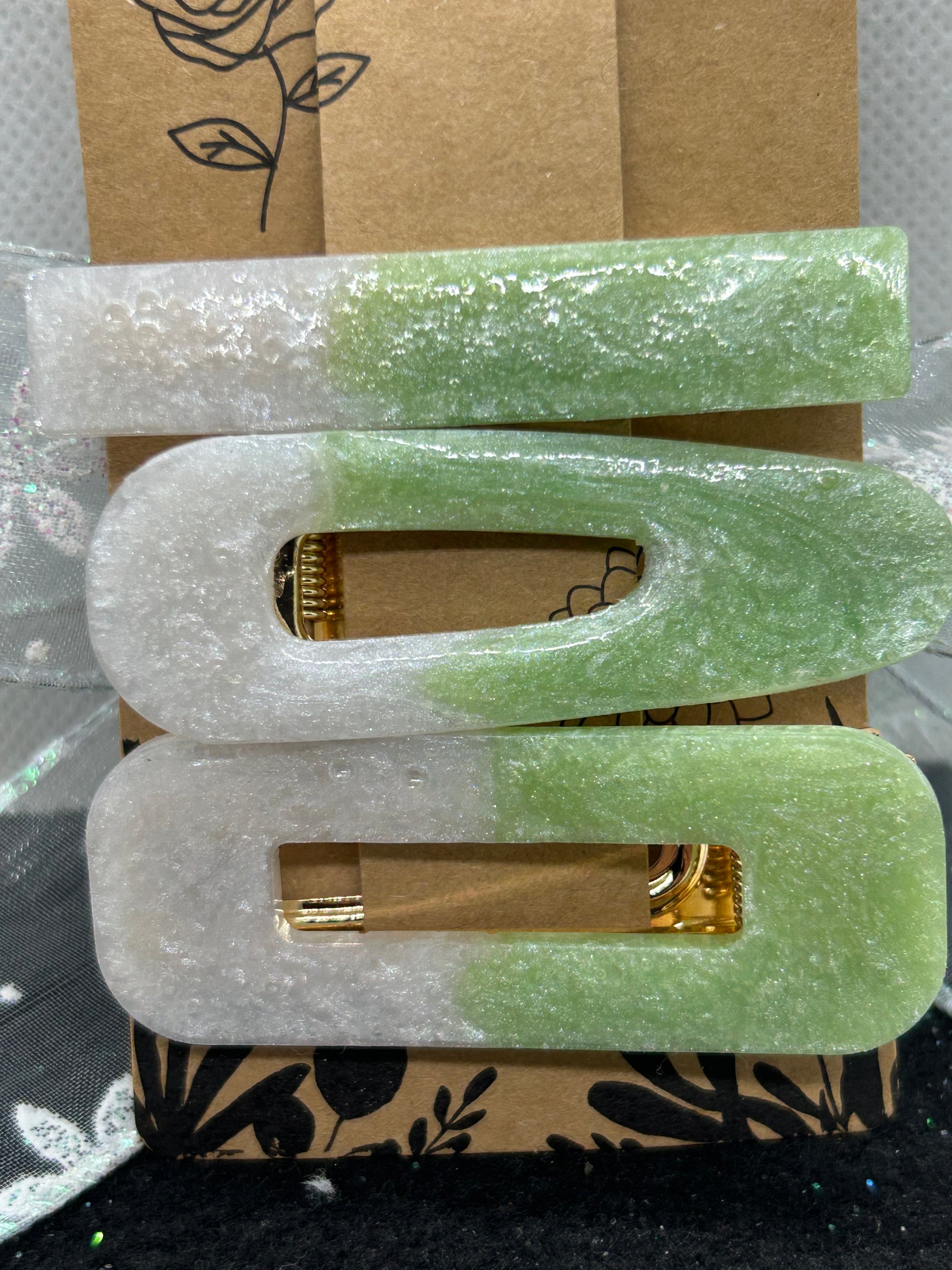 Green and White Hair Clips