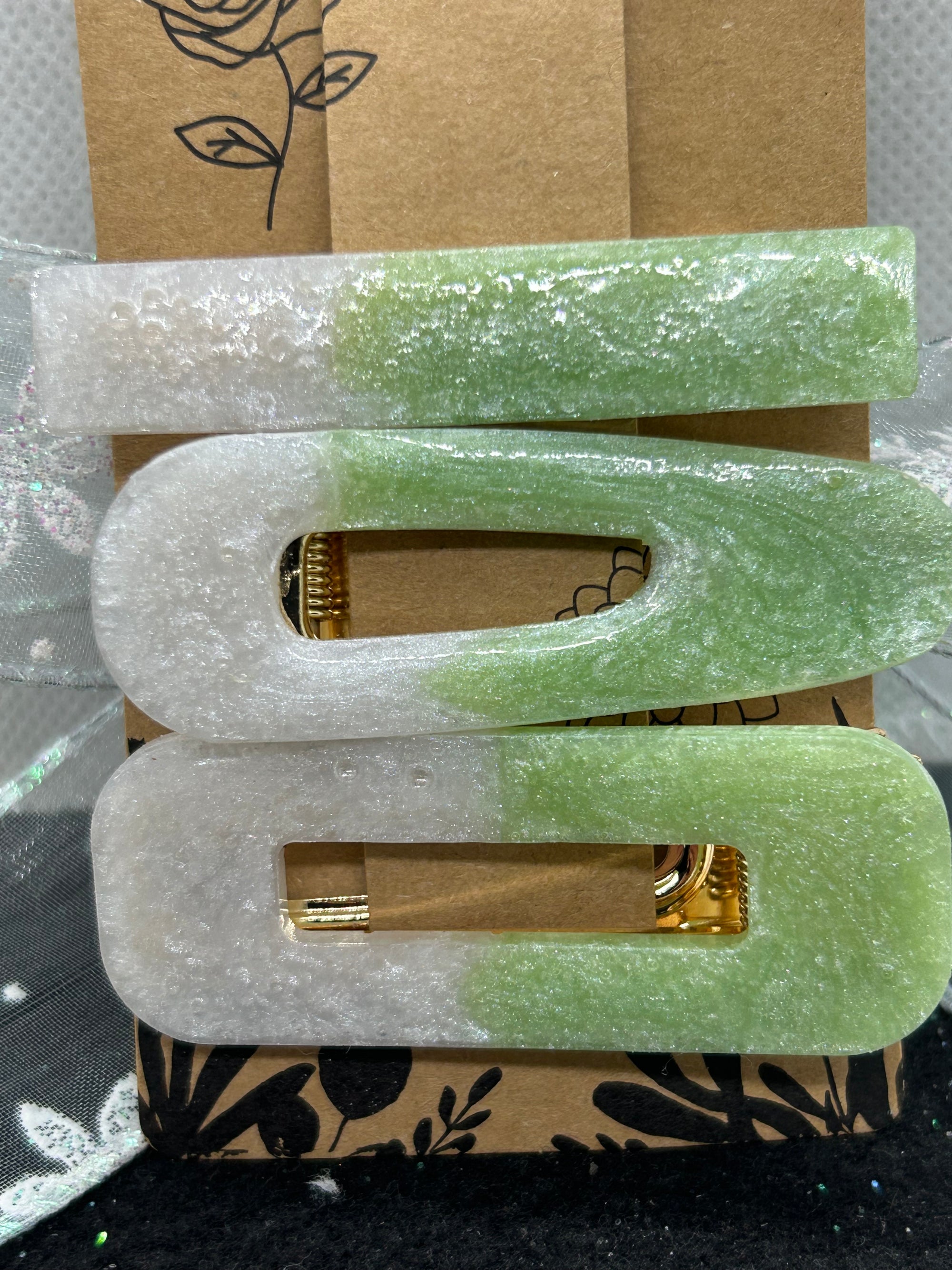Green and White Hair Clips